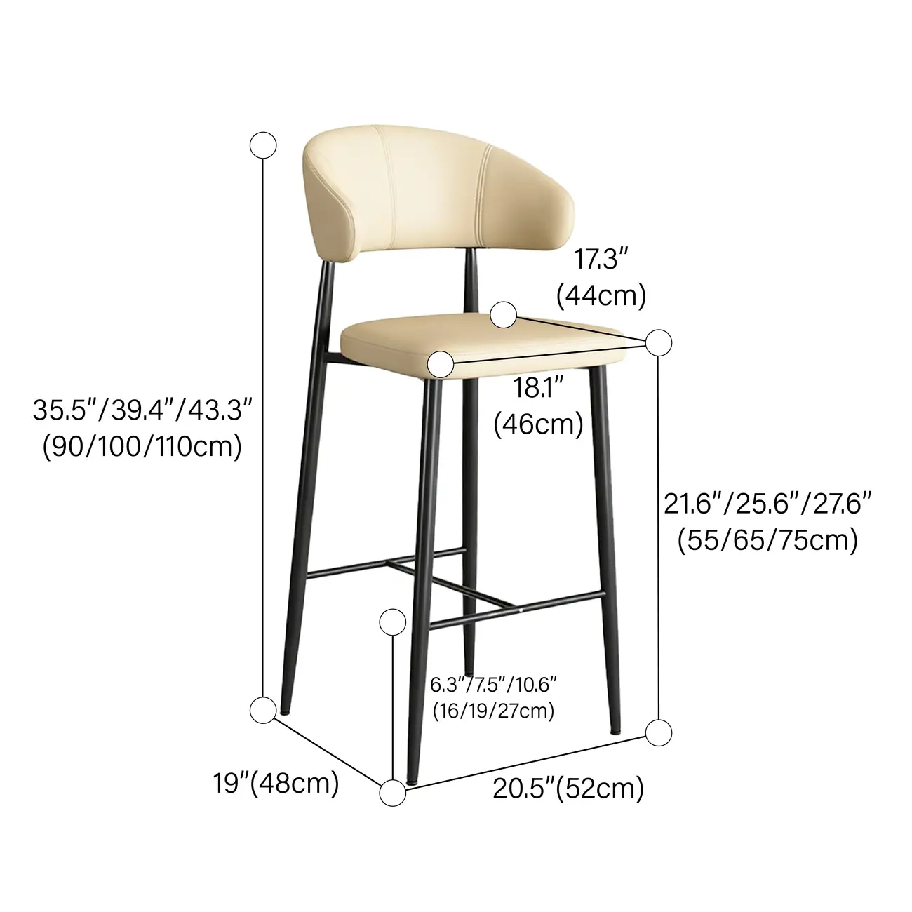 Modern Faux Leather Counter Height Bar Stool with Curved Back #size