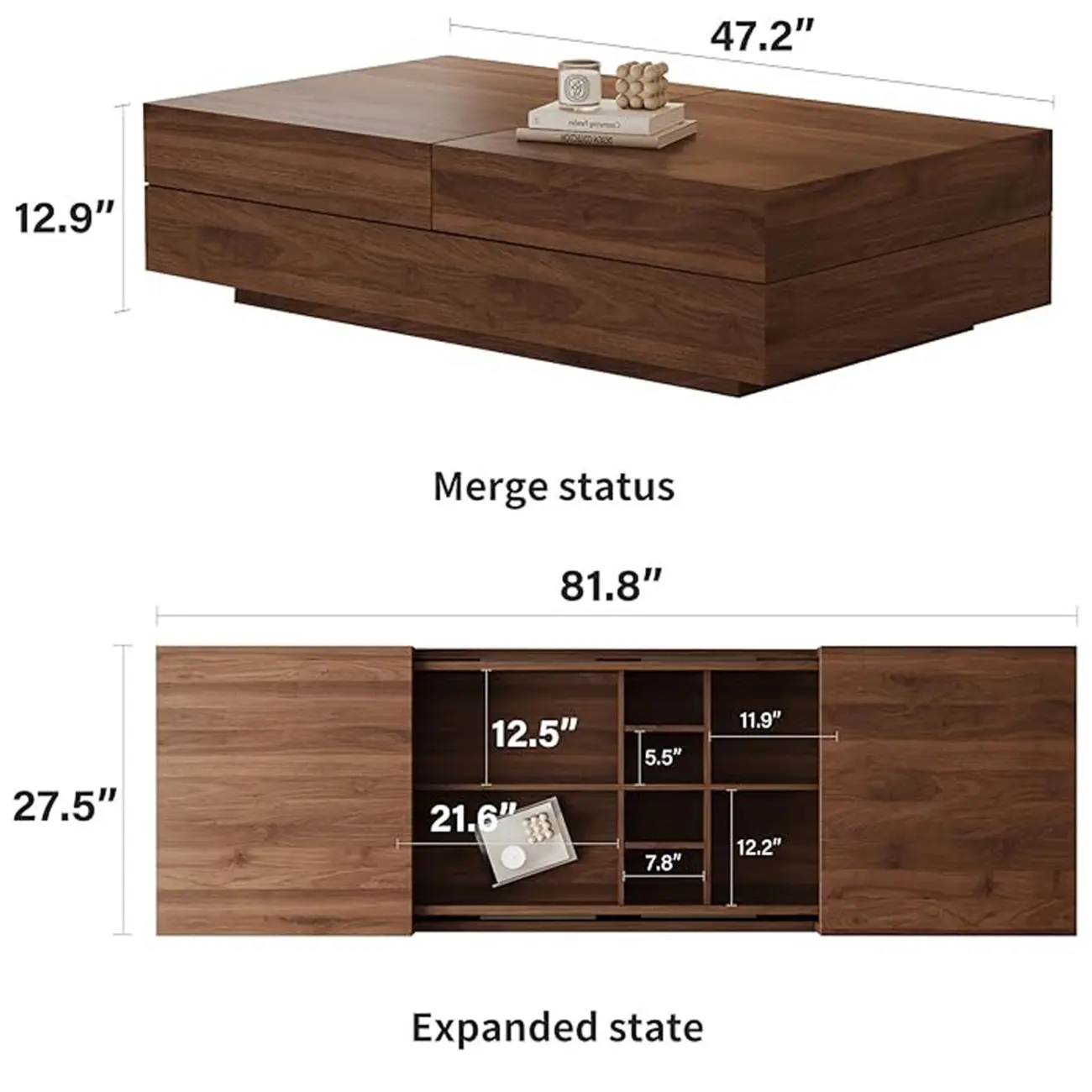 Mid-Century Modern Walnut Color Expandable Storage Coffee Table #size