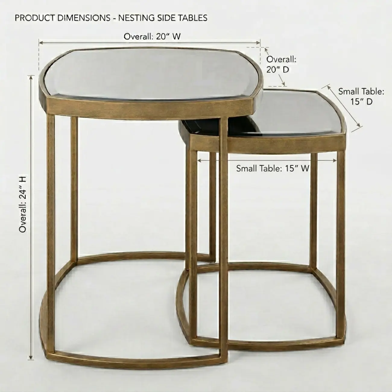 Modern Luxury Black Glass Top Metal Nesting Side Table #size