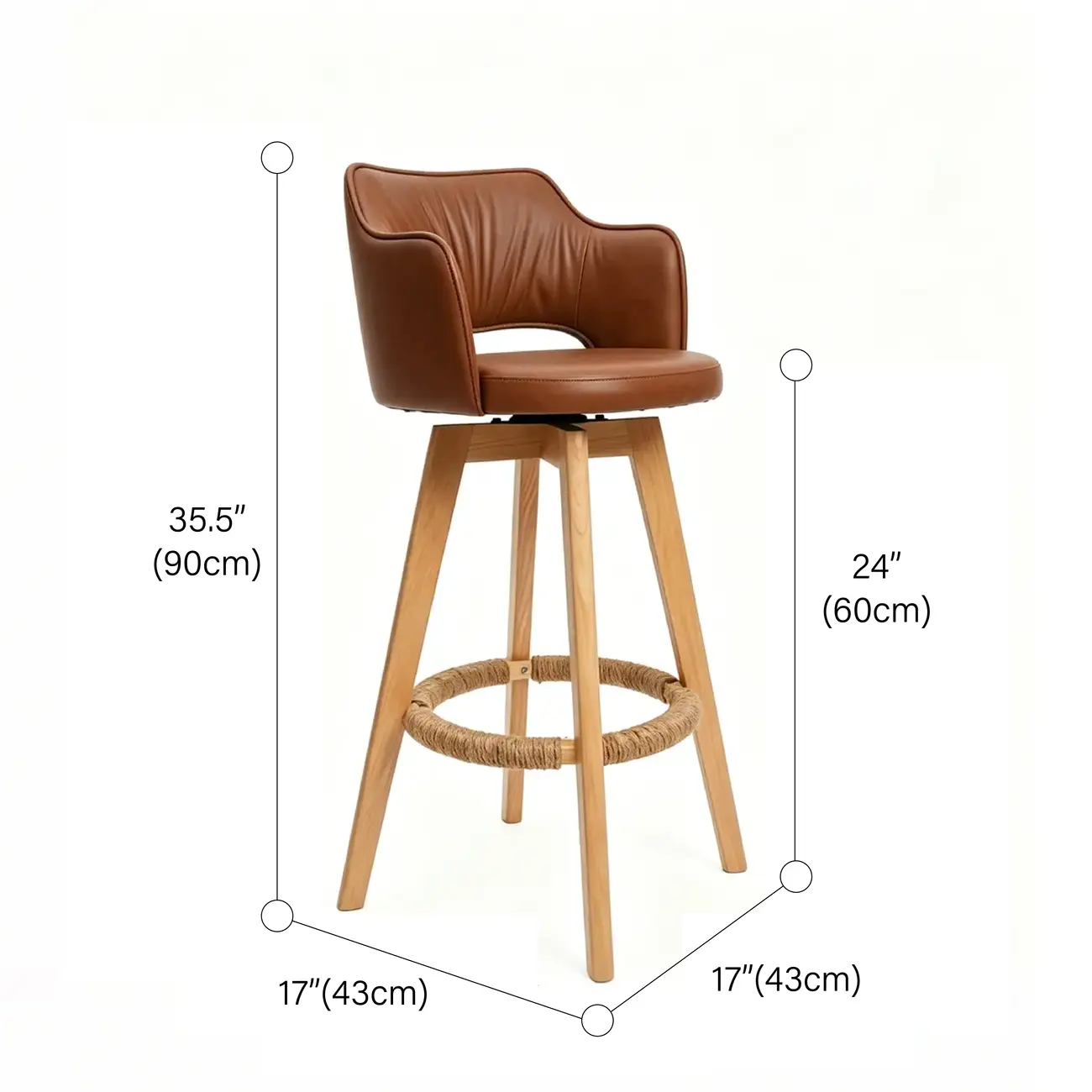 Set Of 2 Modern Swivel Faux Leather Counter Stools Solid Wood Frame #size