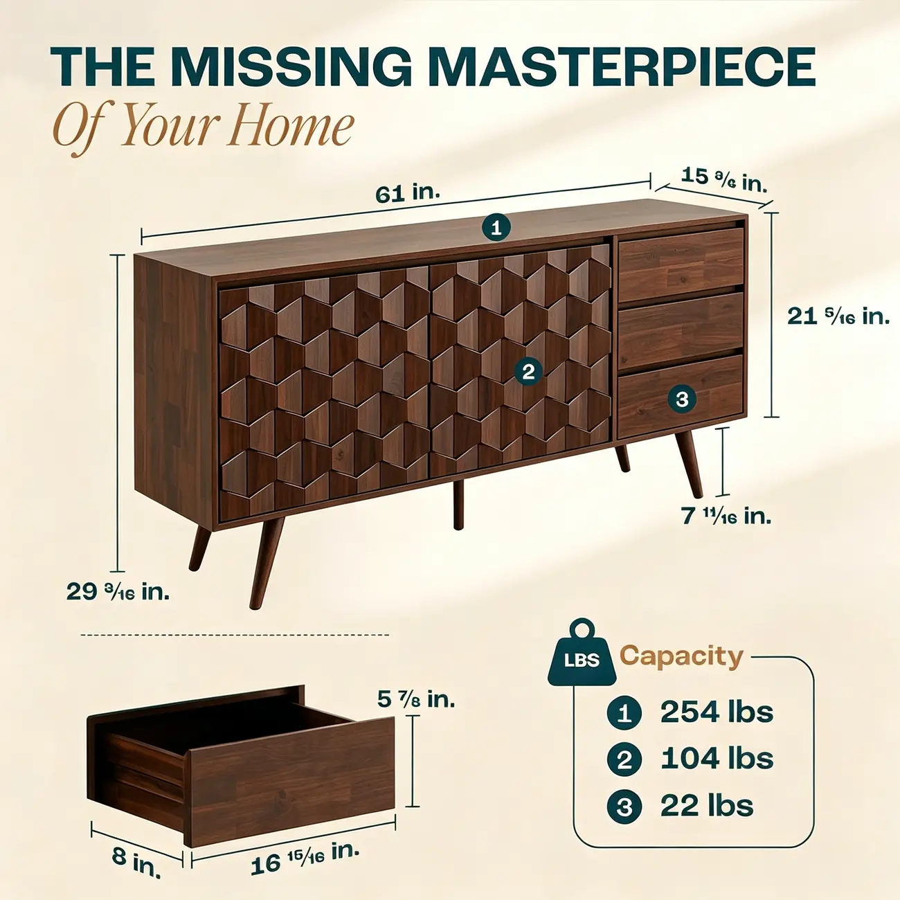 61" Mid-Century Modern Sideboard Buffet Cabinet with Geometric Pattern #size