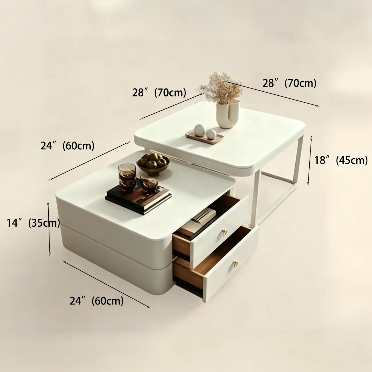 Anti-Scratch Stone Top White Nesting Coffee Table with Storage Image - 8