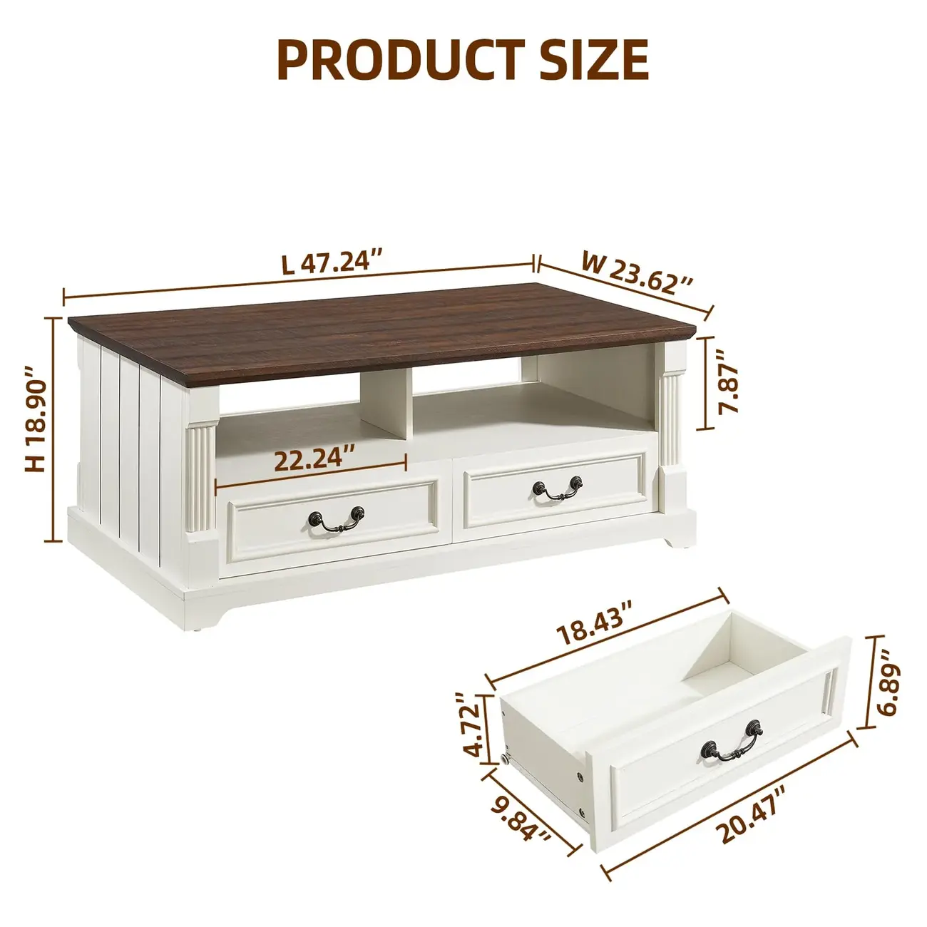 47" Living Room Farmhouse Wood Coffee Table with 4 Storage Drawers #size