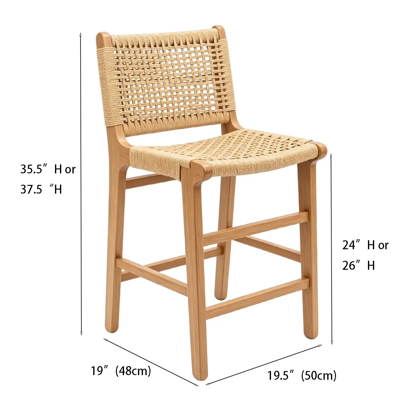 Scandinavian Solid Wood Counter Stool Woven Cord Backrest #size