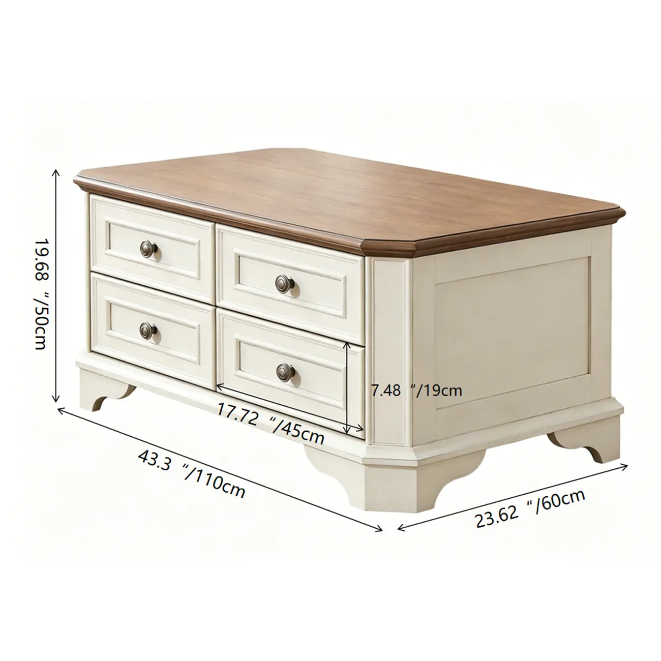 43" Traditional Farmhouse Wood Coffee Table with 4 Drawers #size
