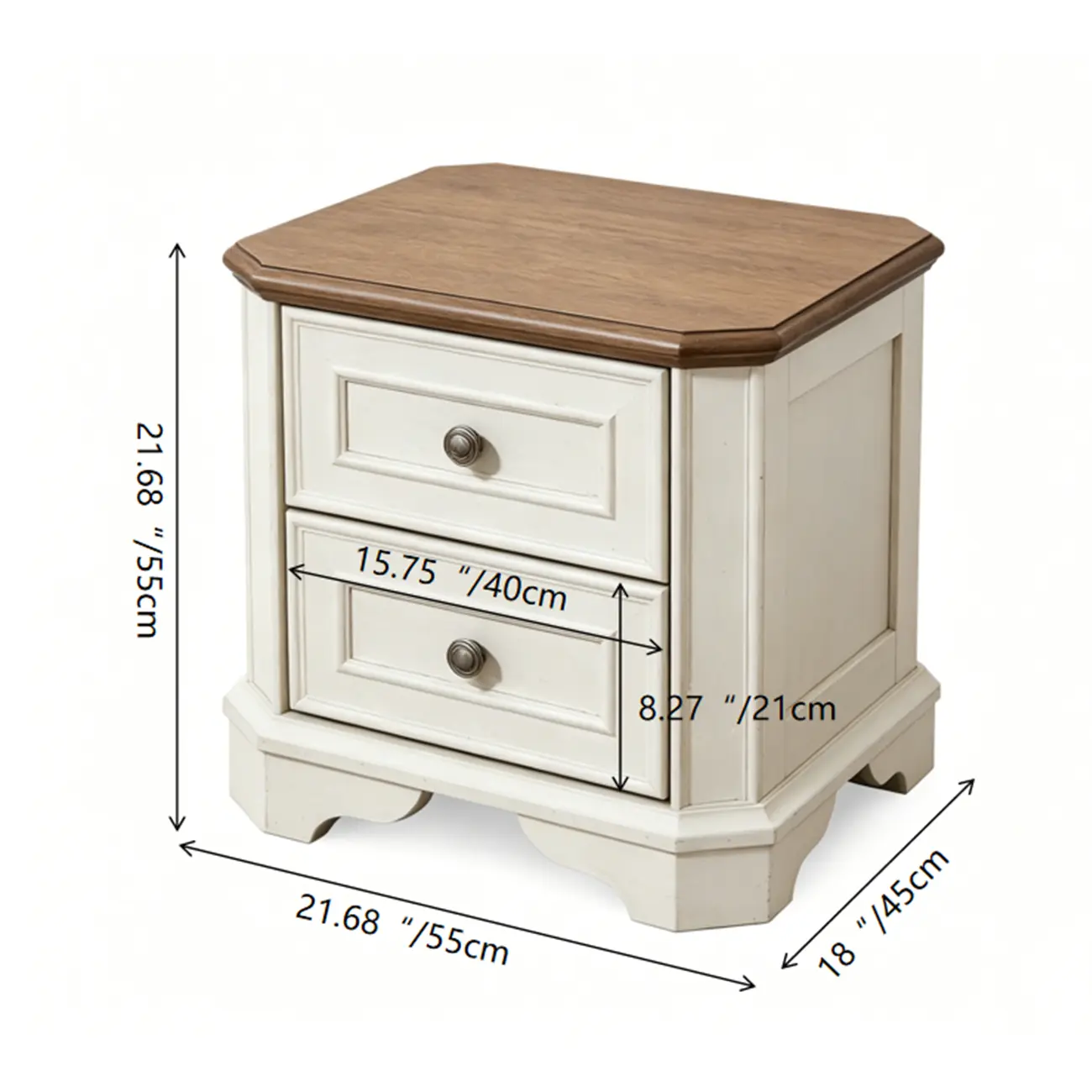 Traditional Farmhouse White End Table with 2 Drawers #size
