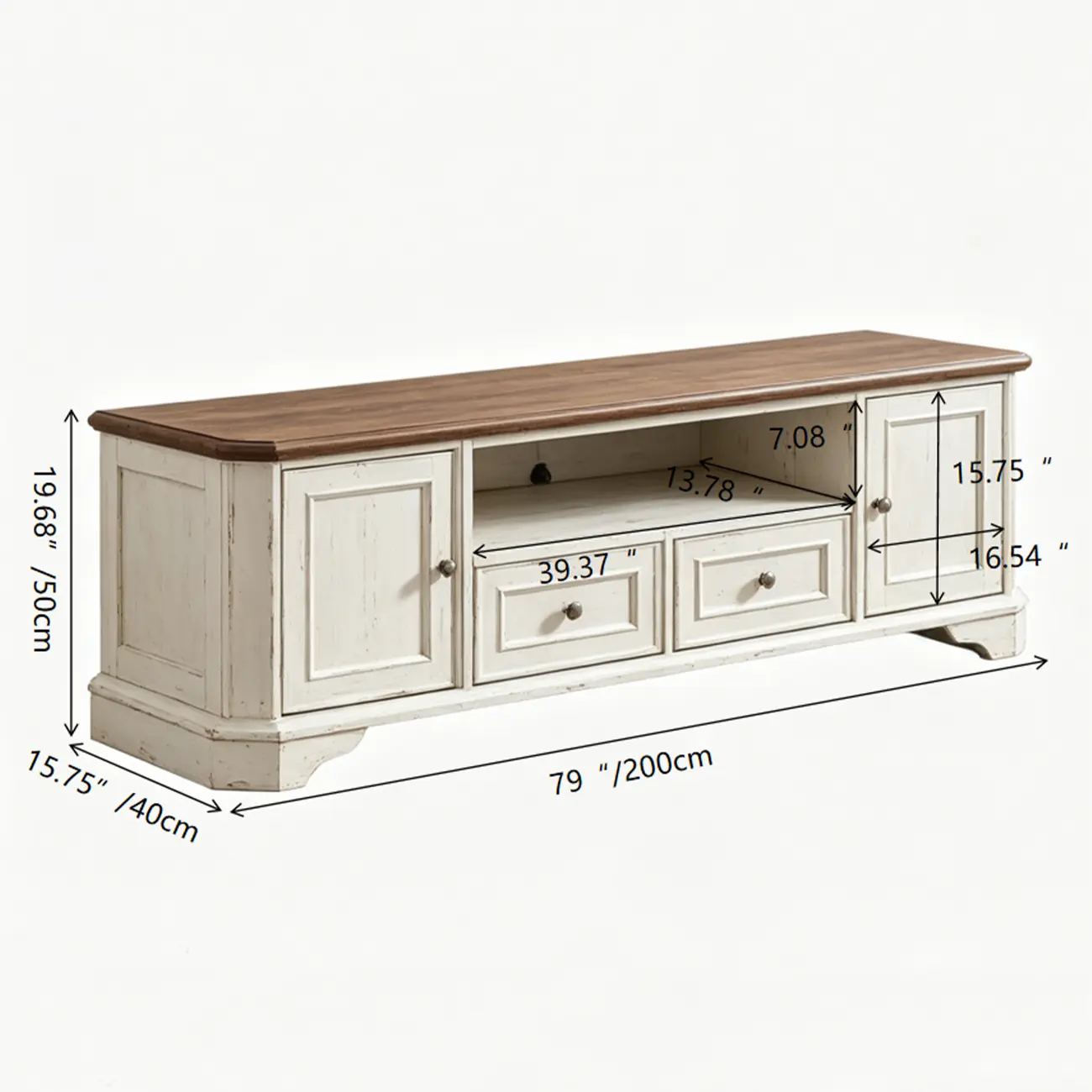 Traditional Farmhouse White TV Stand with Walnut Top Image - 11