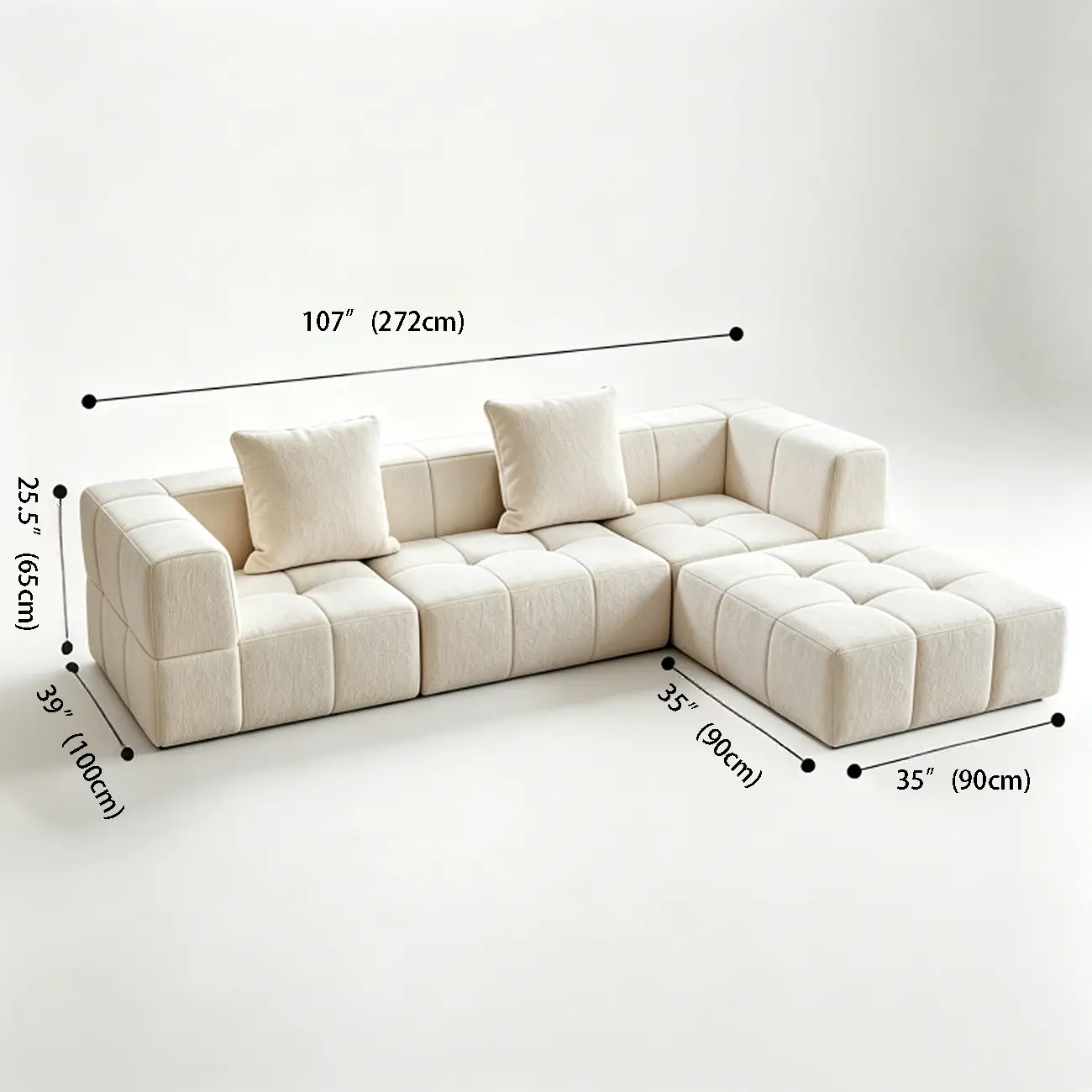 Cream White 107" Modern Living Room Sectional L-shaped Chenille Sofa #size