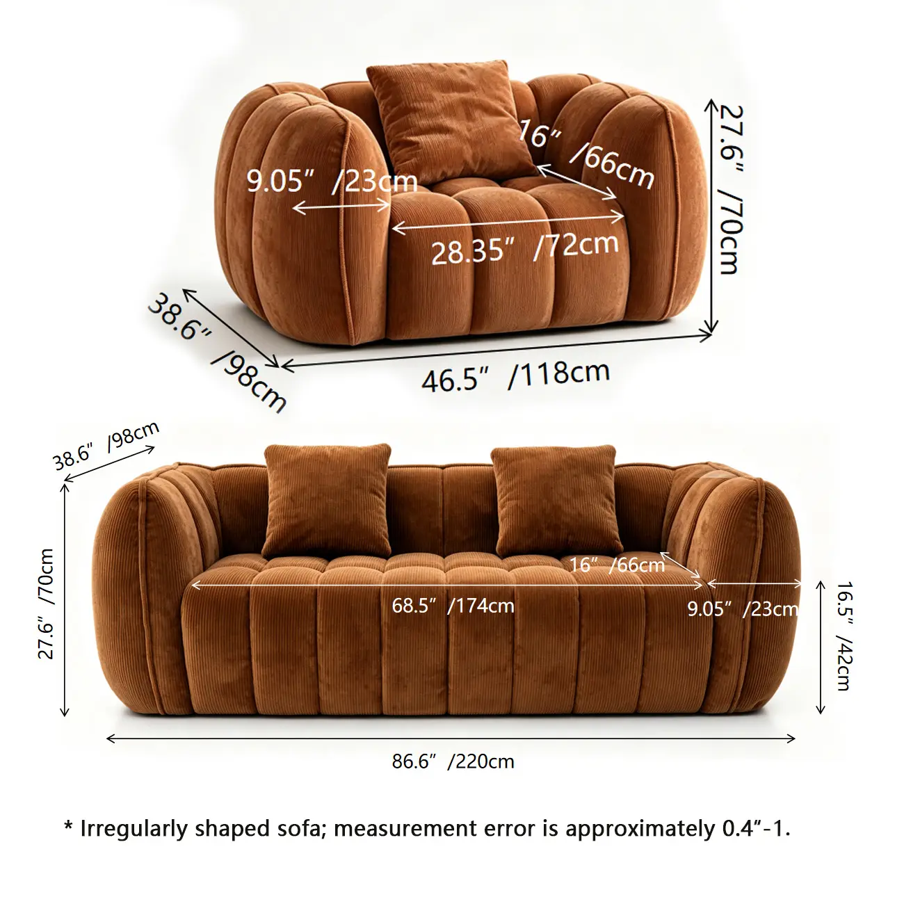 Vintage Brown Pumpkin-Shaped Deep Seat Sofa with Arms #size