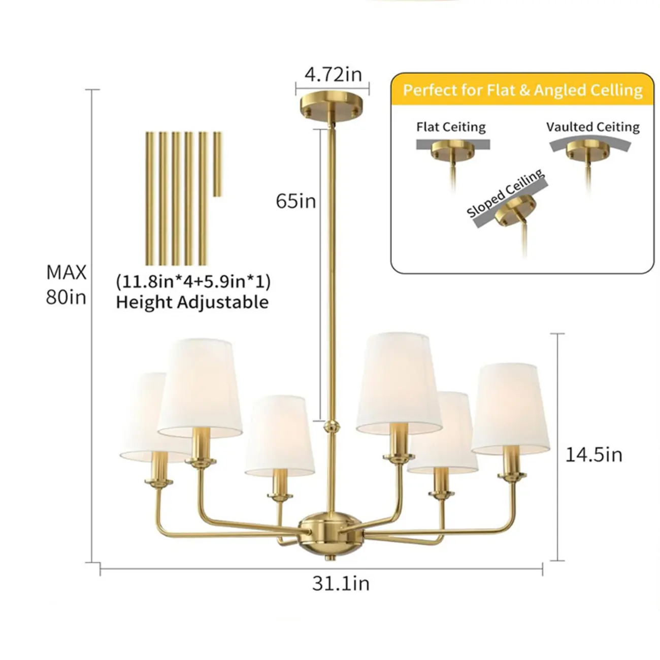 Modern Traditional Brass-Finish Chandelier with White Fabric Shades #size