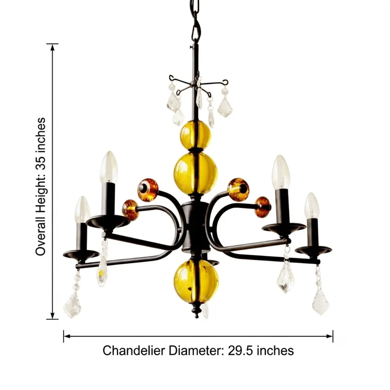 Scandinavian Modern Black Metal Chandelier with Amber Glass Spheres #size