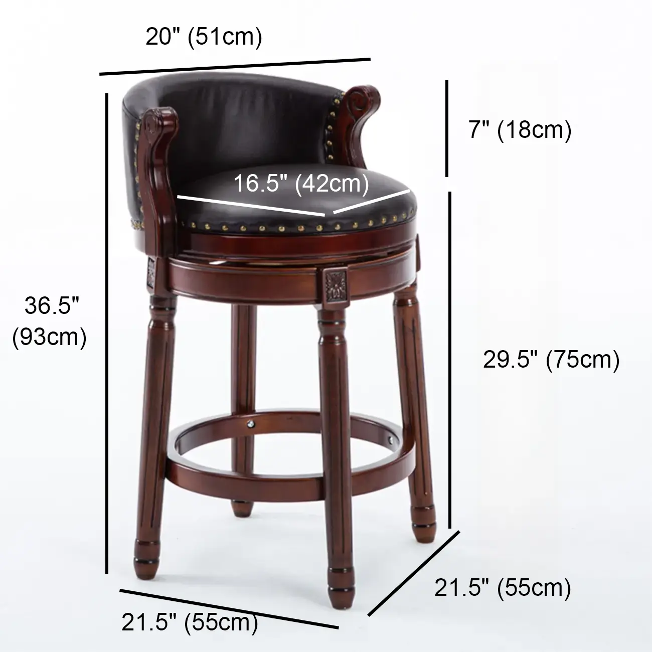 Solid Wood Genuine Leather Swivel Counter Height Bar Stools #size
