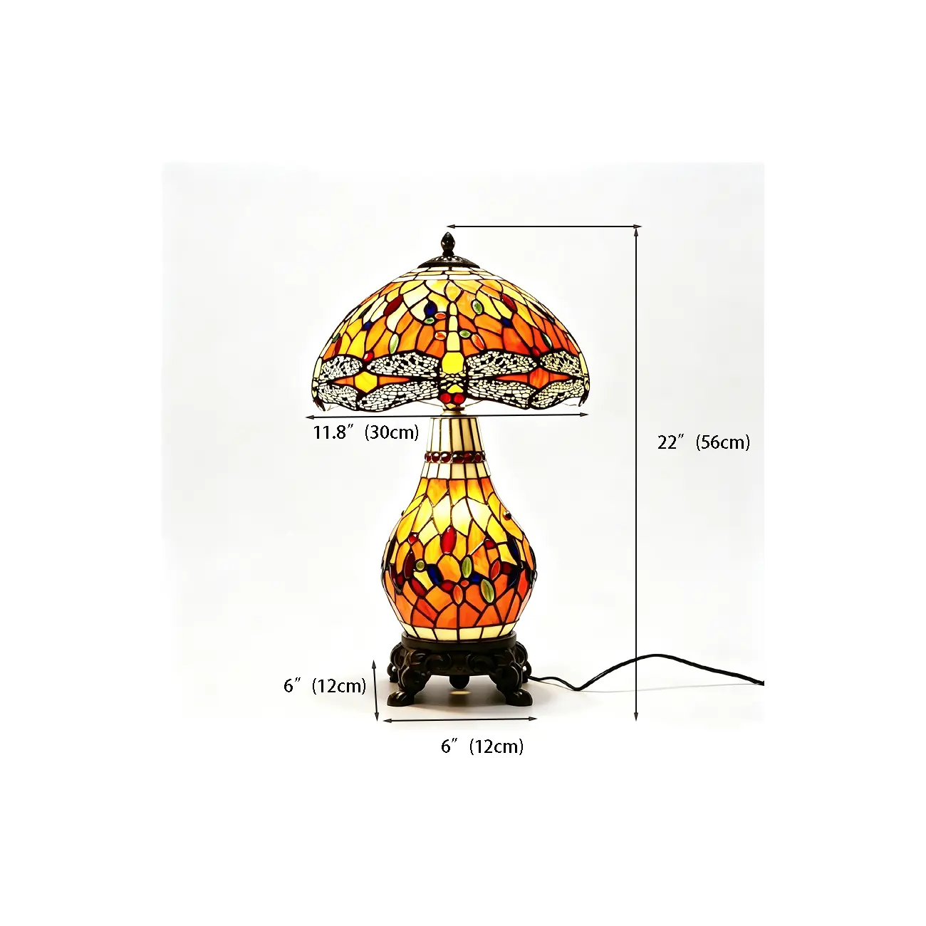 Vintage Stained Glass Rose 3-Light Dome-Shaped Table Lamp #size