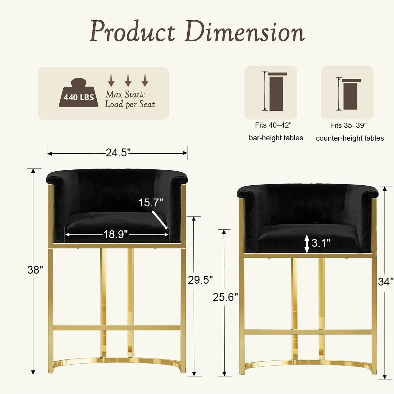 Glam Gold Sled Velvet Upholstered Bar Stool #size