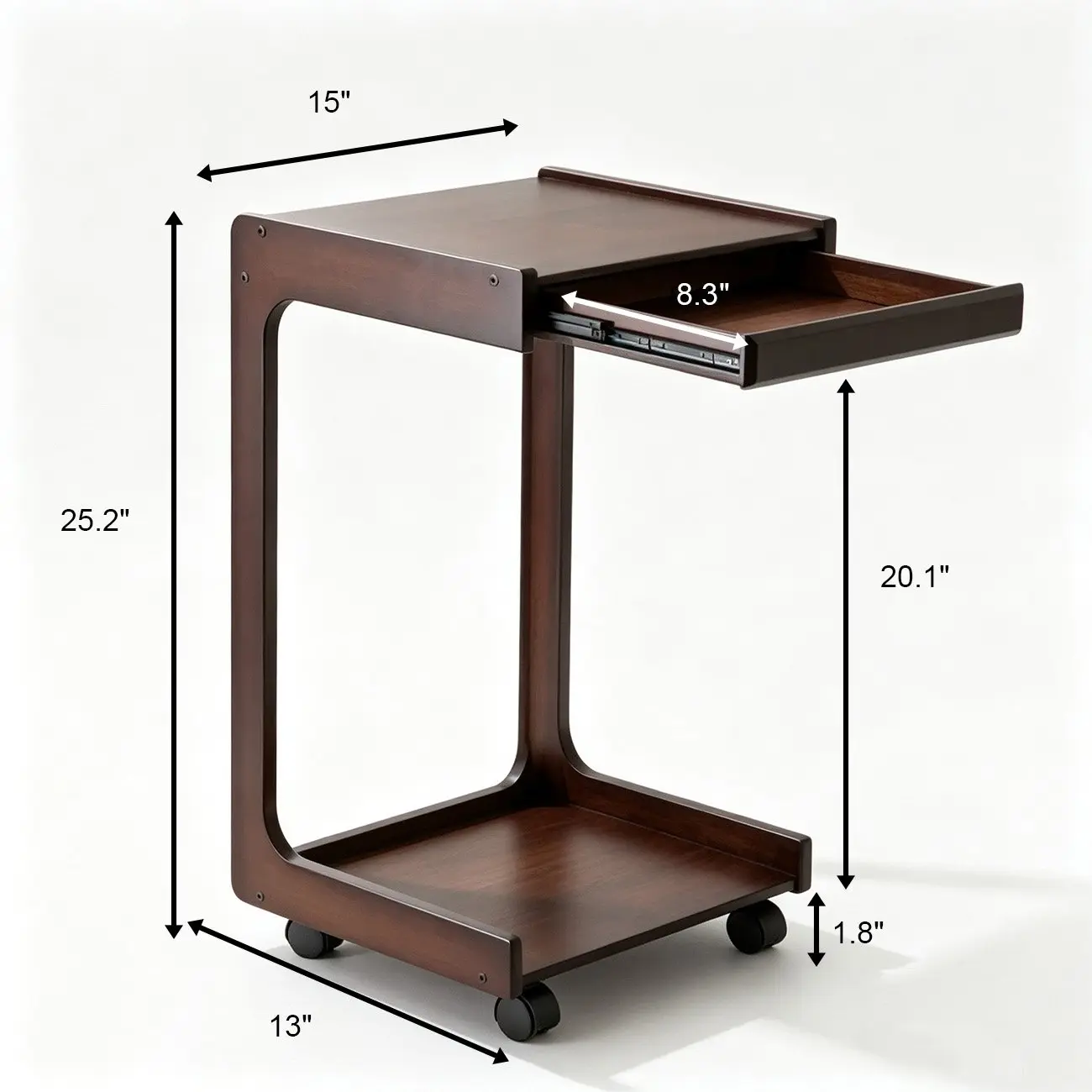 Modern Rolling Bamboo C-Shaped Side Table with Drawer #size