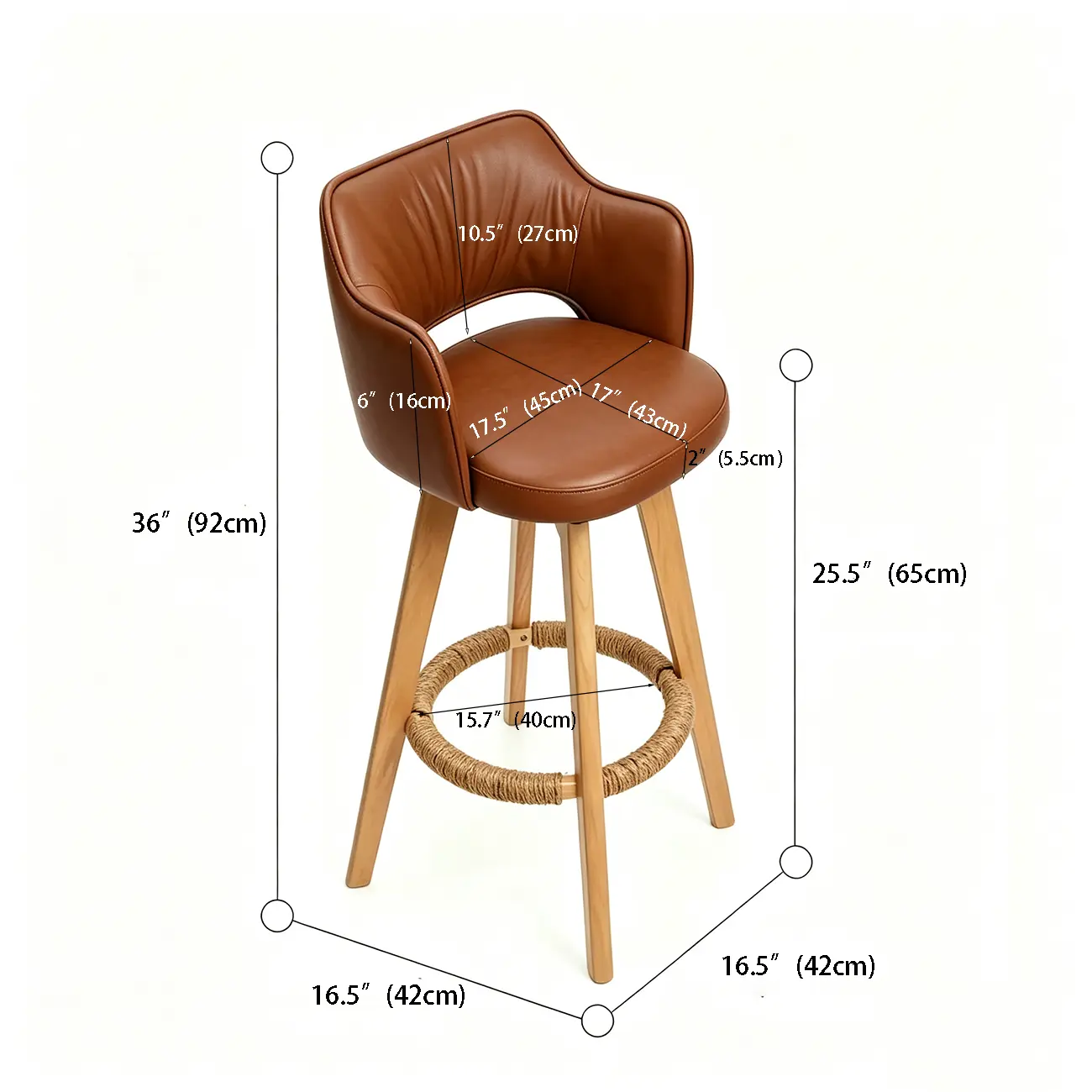 Set Of 2 Modern Swivel Faux Leather Counter Stools Solid Wood Frame #size
