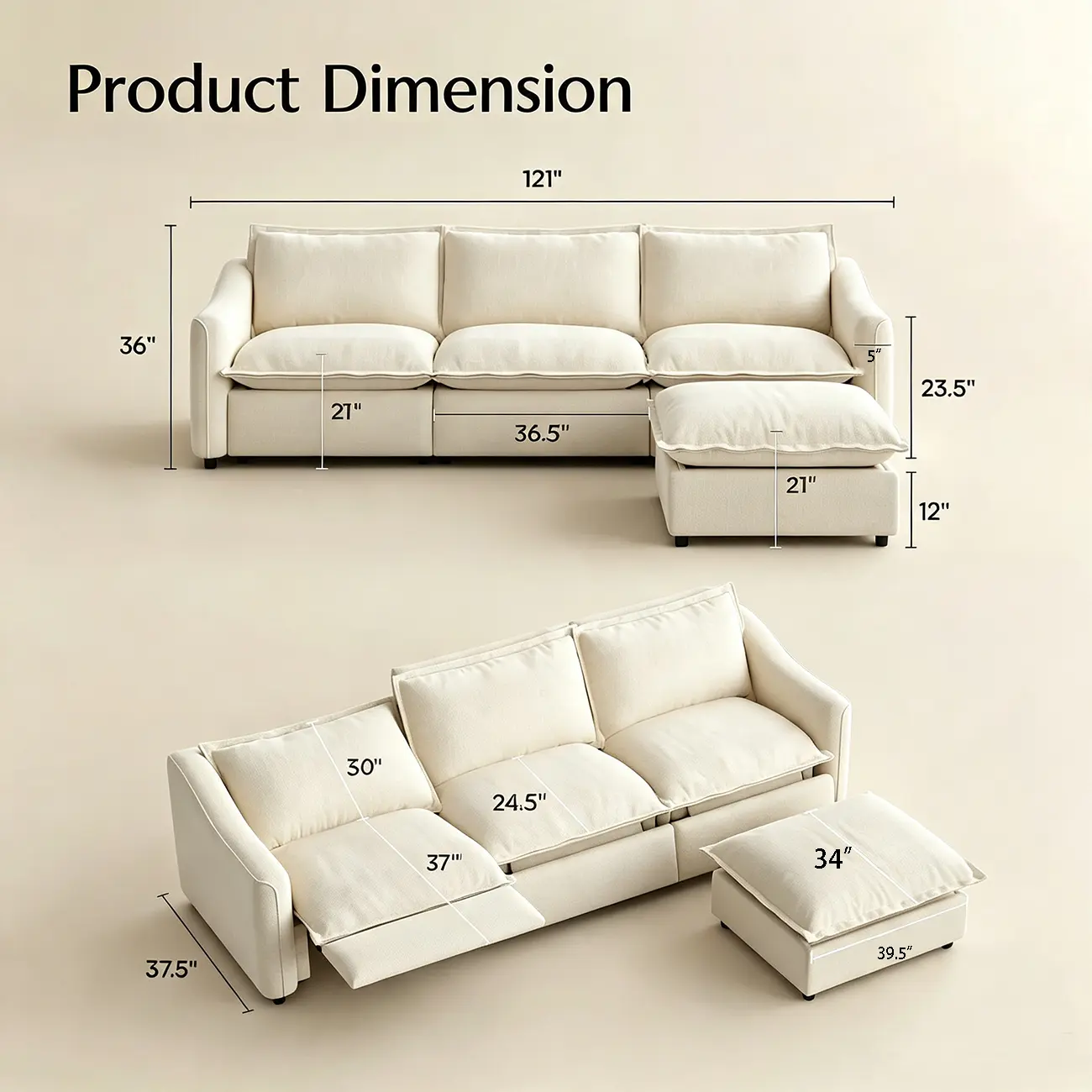 Beige Modern Living Room Power Reclining Sofa With Adjustable Footrest #size