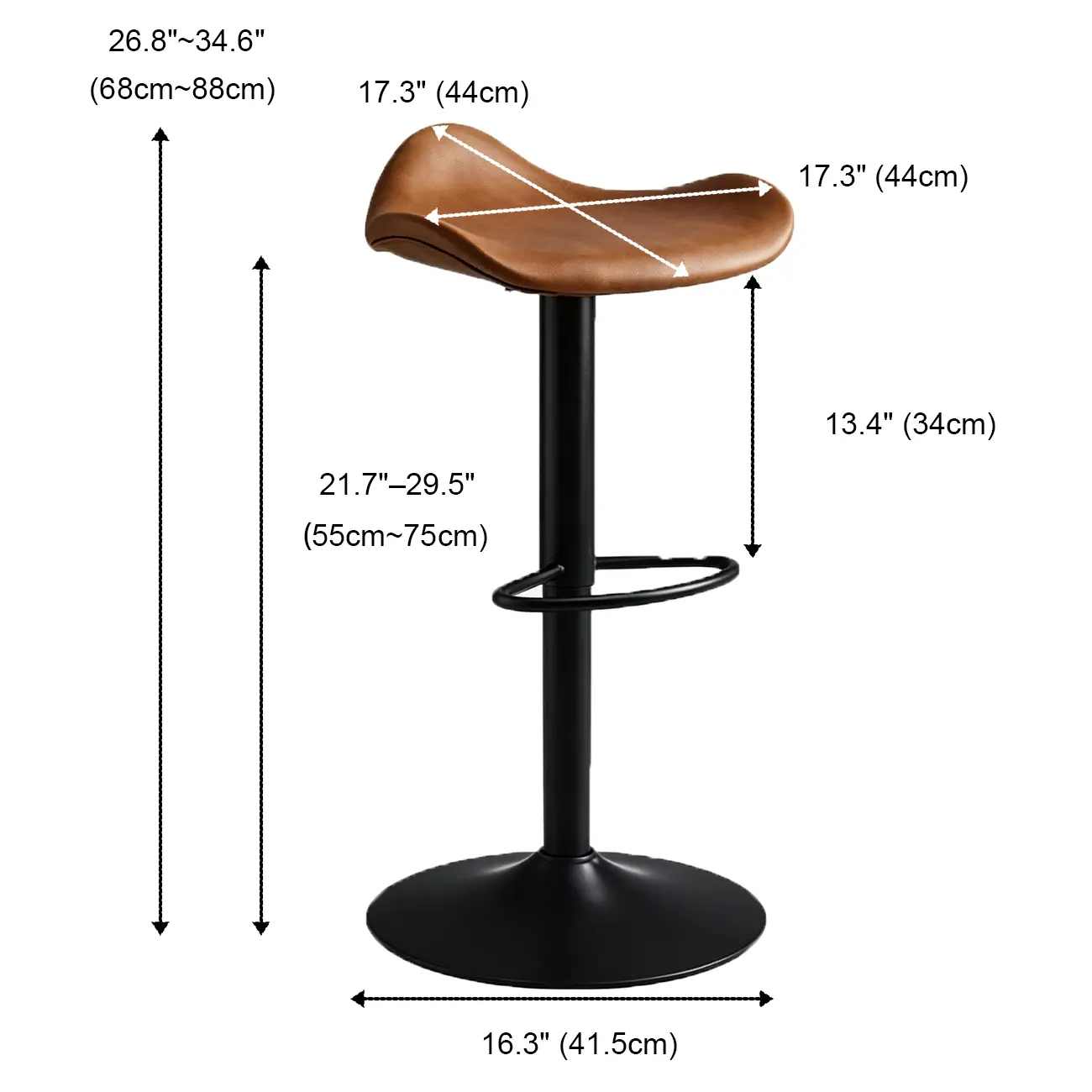 Saddle Black Pedestal Swivel Adjustable Bar Stool #size