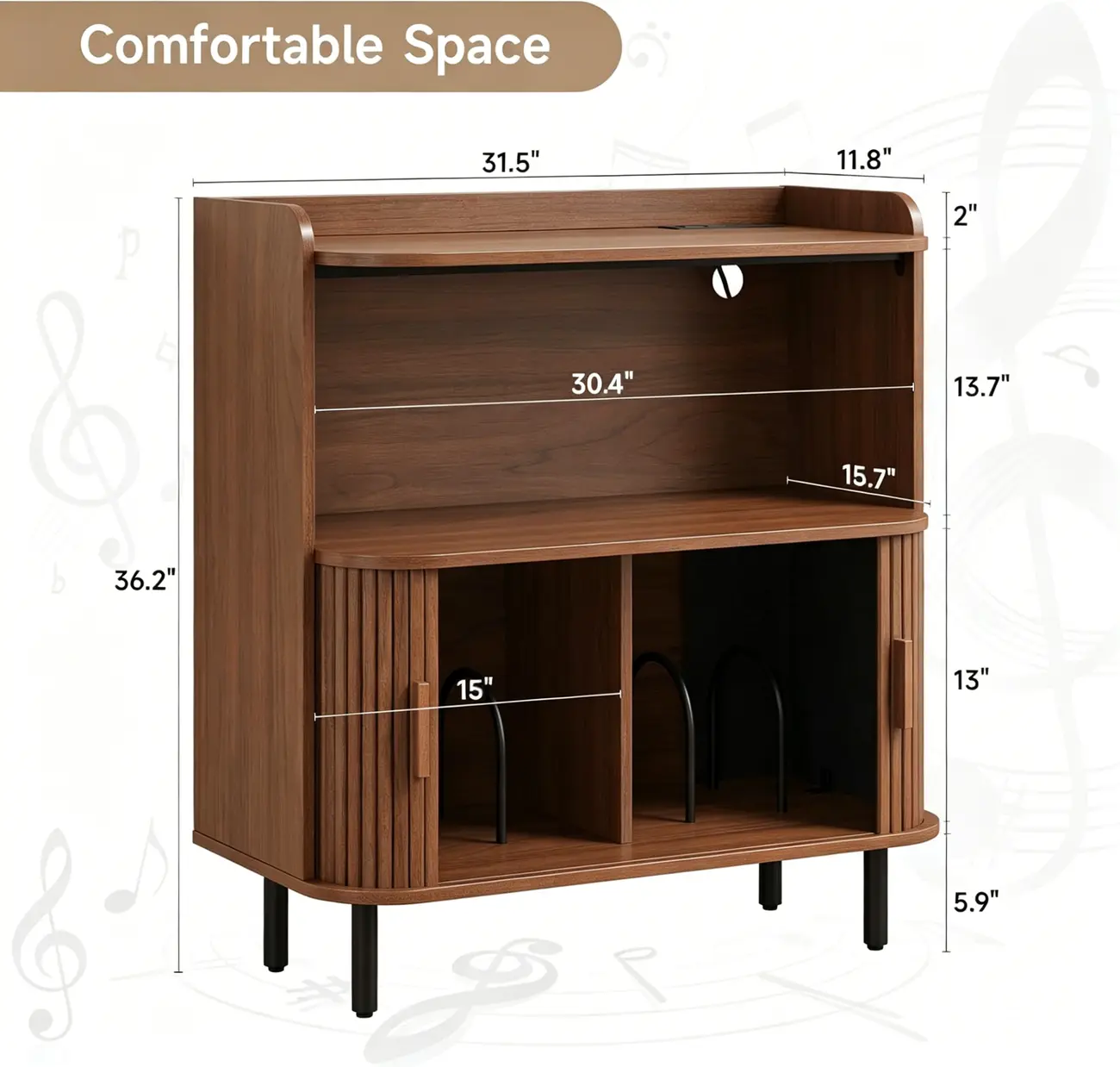 Mid-century Modern Wood Vinyl Record Player Stand With Built-in Power Outlet #size