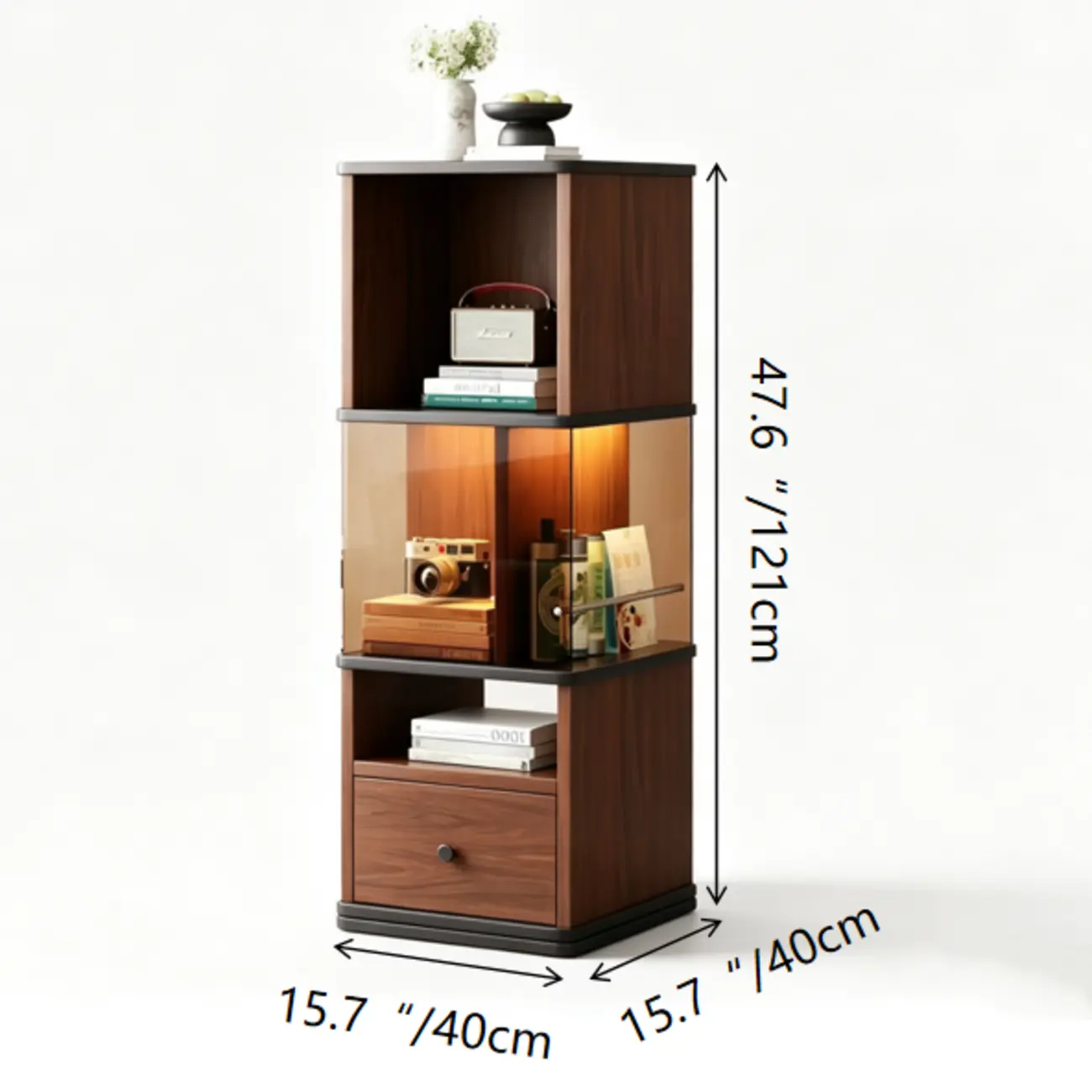 Mid-Century Modern 360° Rotating Tower Bookshelf with LED Lights #size