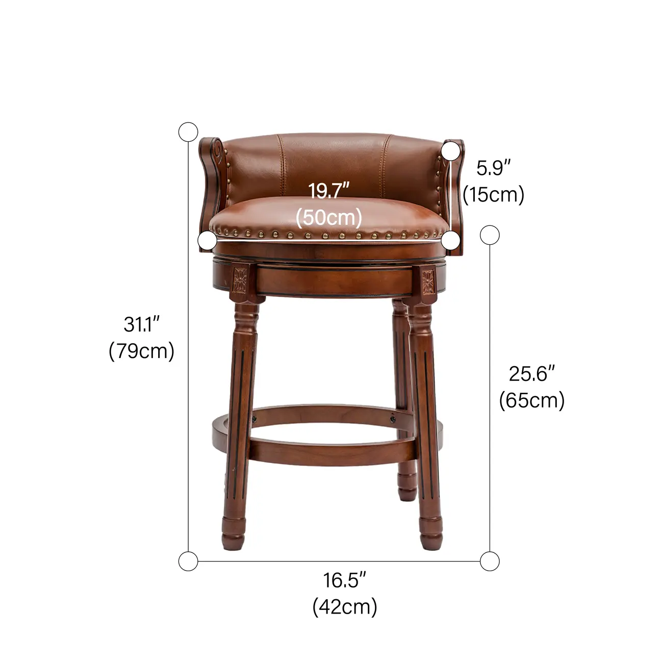 Traditional Genuine Leather Solid Wood Swivel Kitchen 25.6"H Counter Stools #size