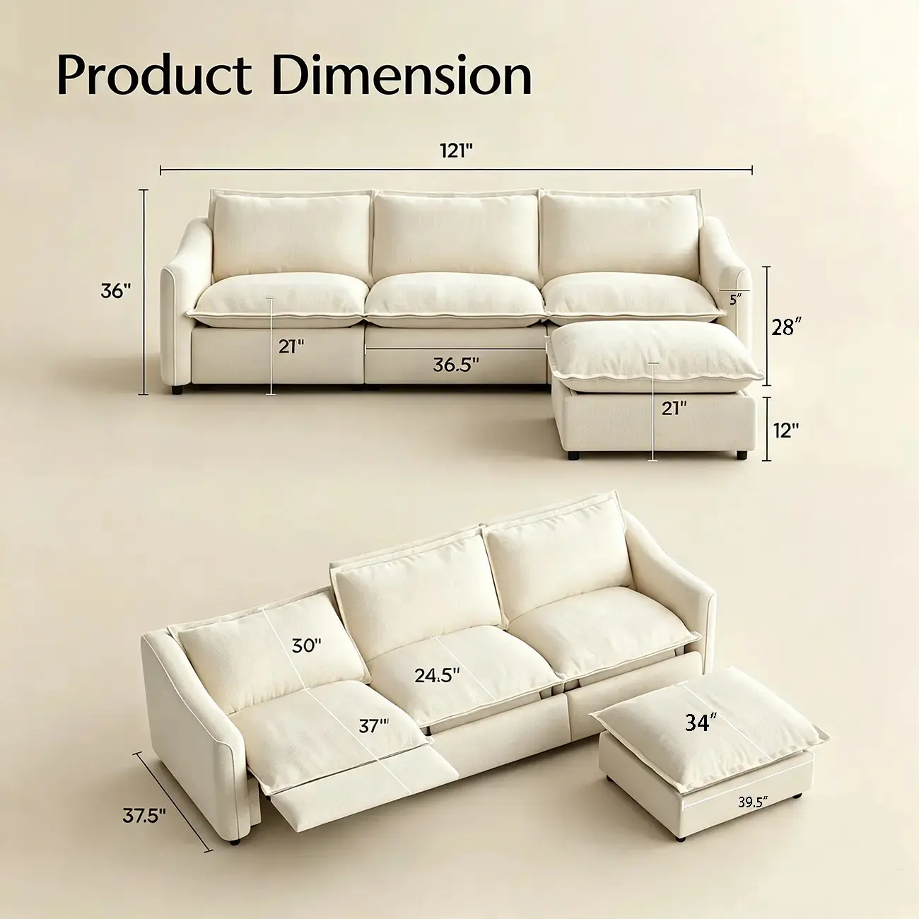 Beige Modern Living Room Power Reclining Sofa With Adjustable Footrest #size