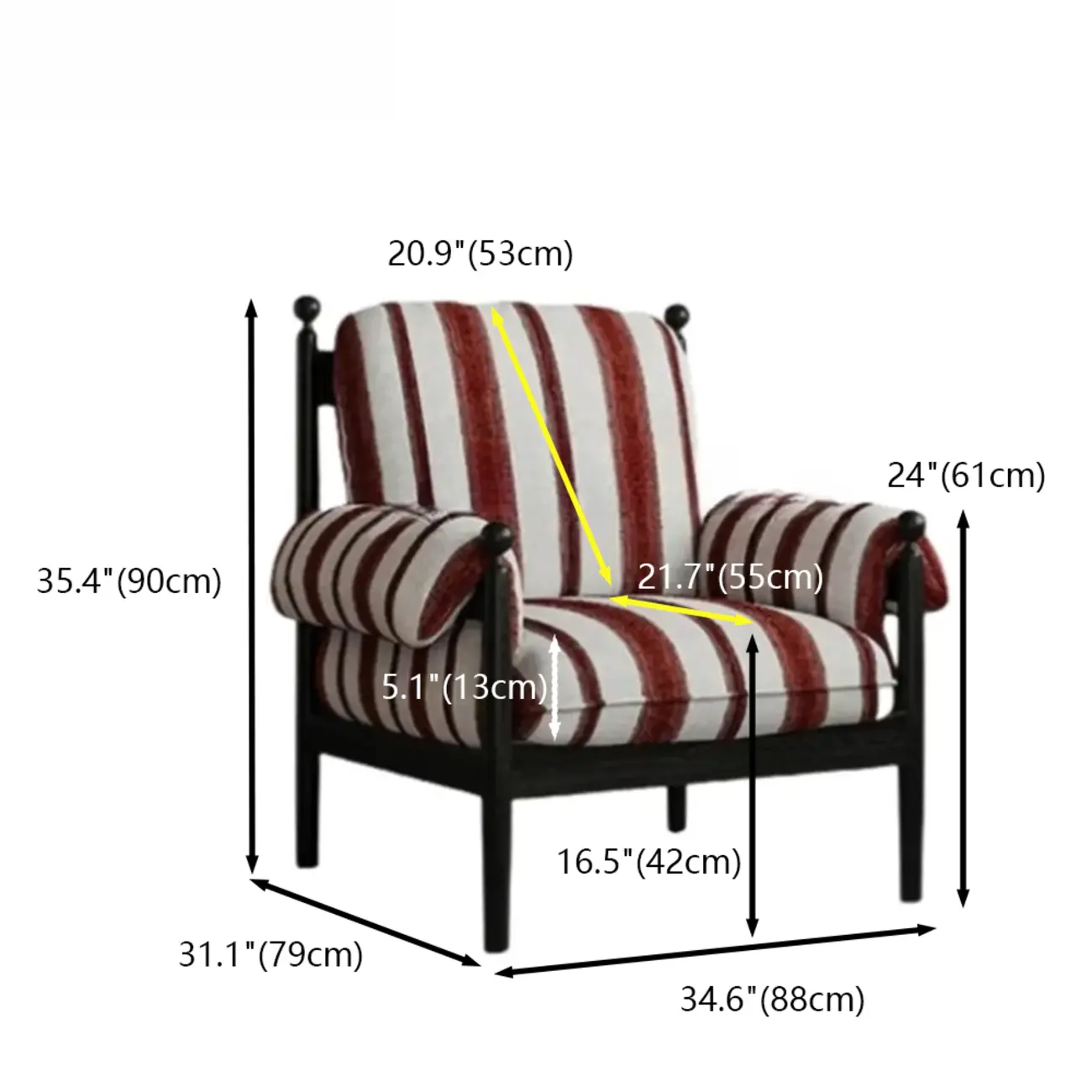 Vintage Striped Upholstered Accent Chair with Removable Cover #size