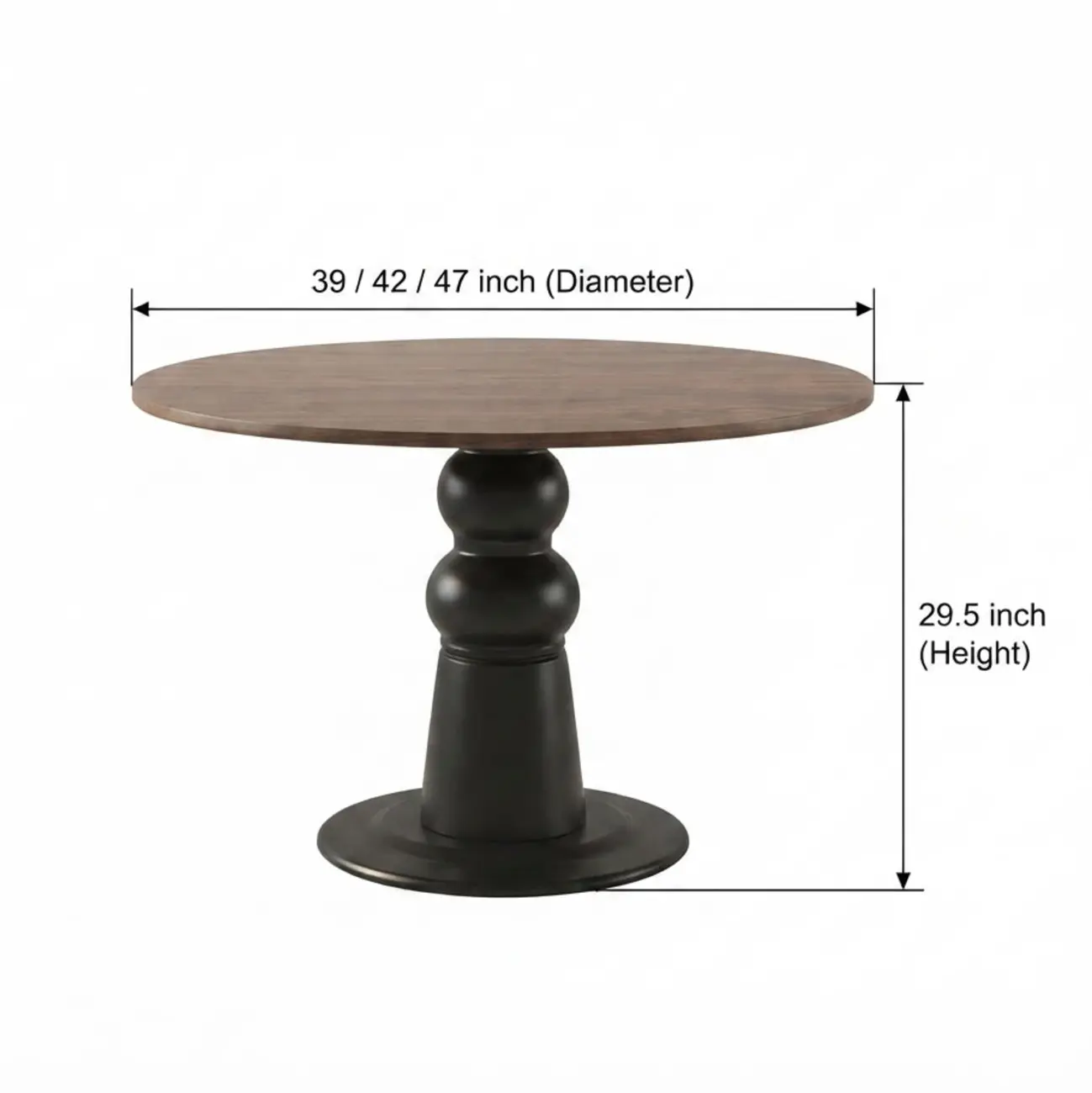 Mid-Century Modern Solid Wood Round Dining Table with Oak Pedestal #size