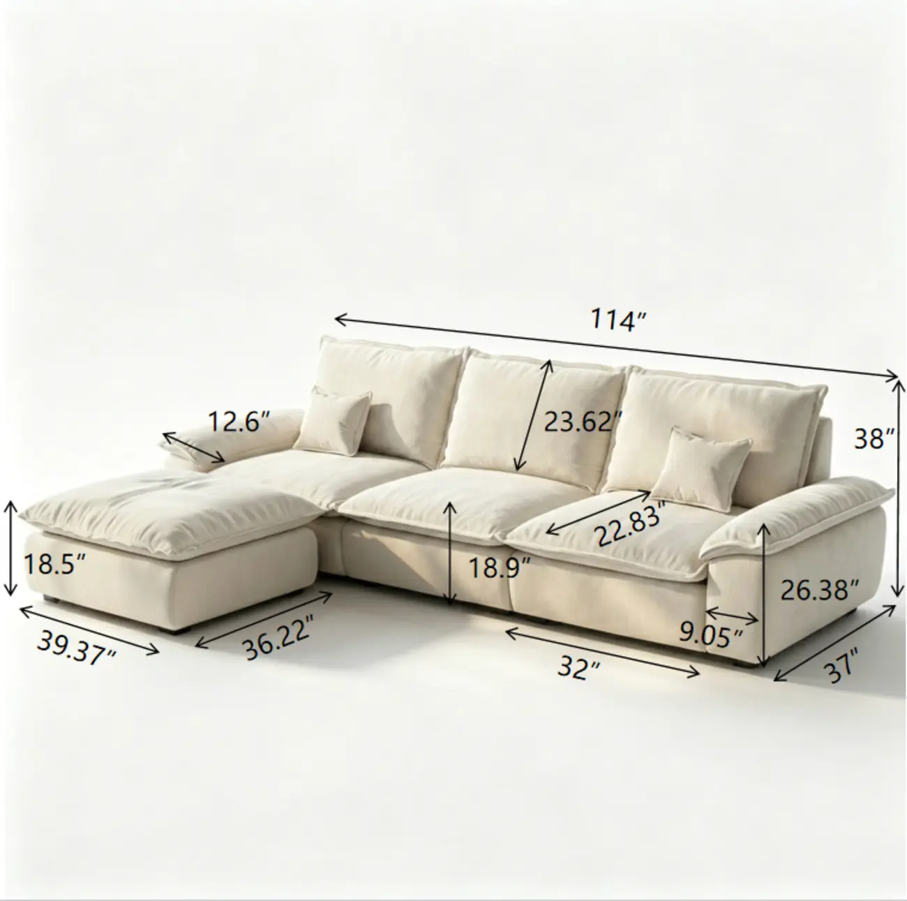 Living Room Modern Chenille Cloud Sectional Sofa With Hidden Storage #size