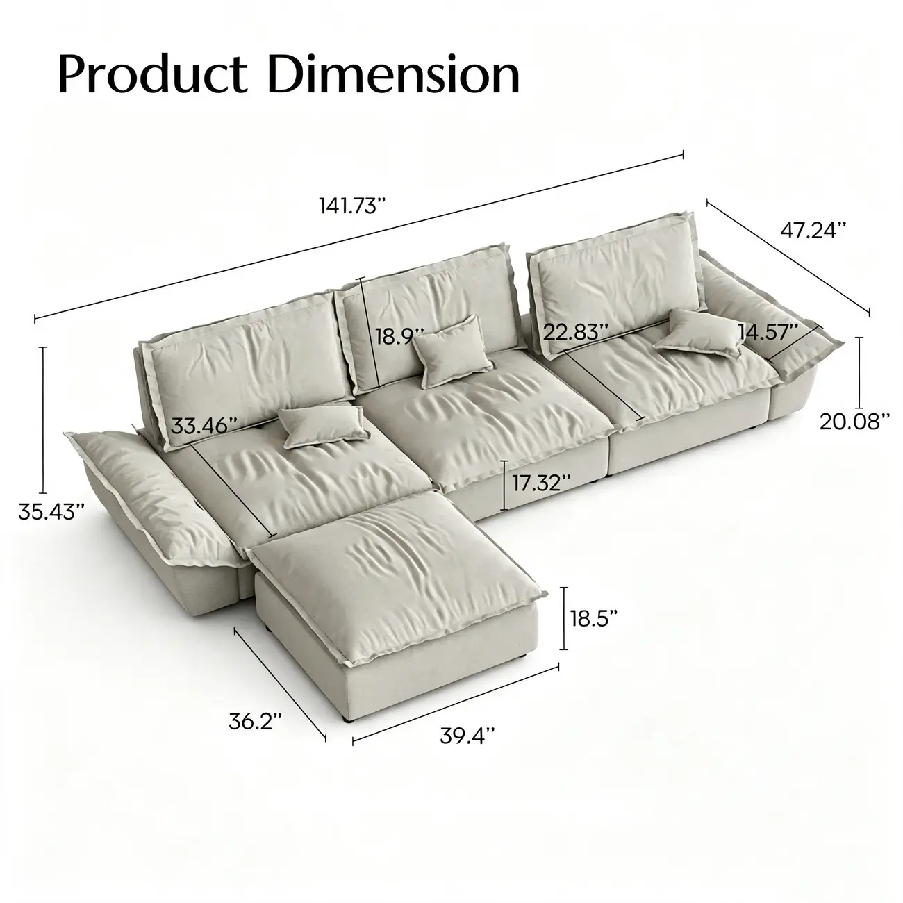 Beige Low-profile Cloud Sofa With Adjustable Backrest And Pillows Image - 16