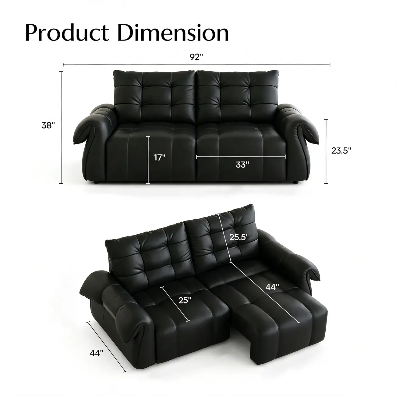 Modern Tufted Top-Grain Leather Power Sofa Bed with Extended Seat Depth #size