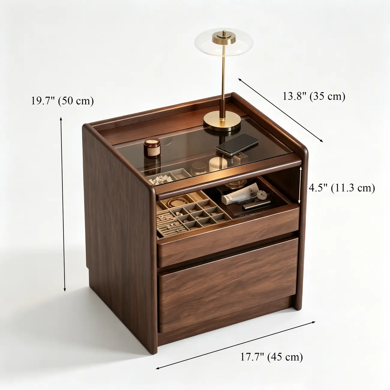 Modern Solid Wood Nightstand with Glass Display & Storage #size