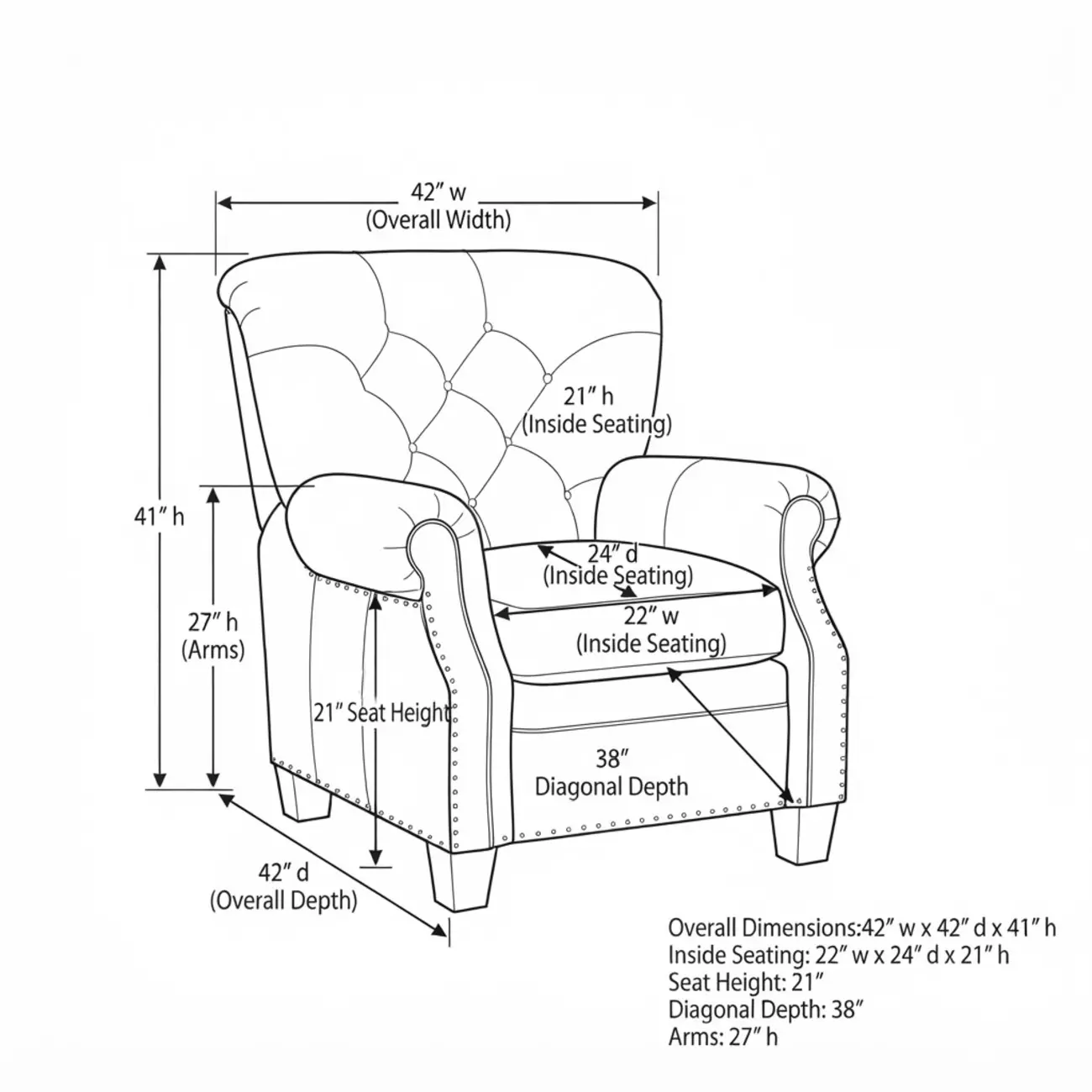 Classic Wide Brown Top-Grain Leather Tufted Manual Recliner Chair #size