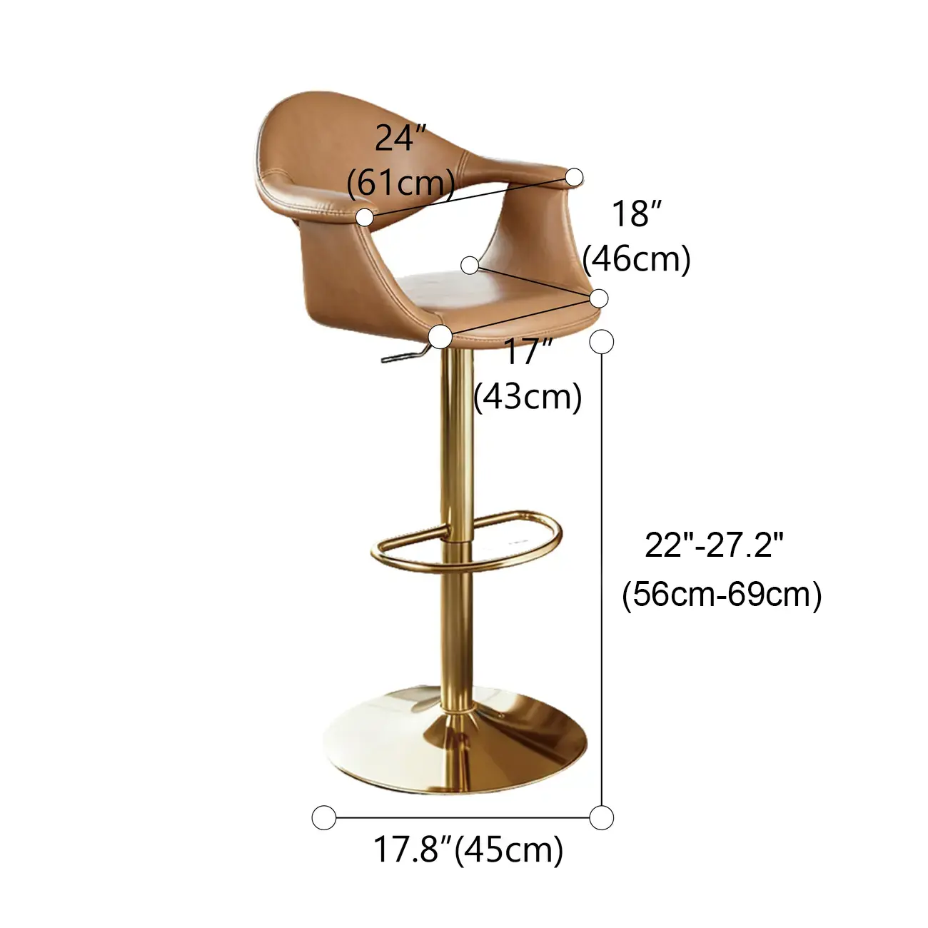 Elegant Adjustable Swivel Golden Cat-scratch Leather Bar Stools #size