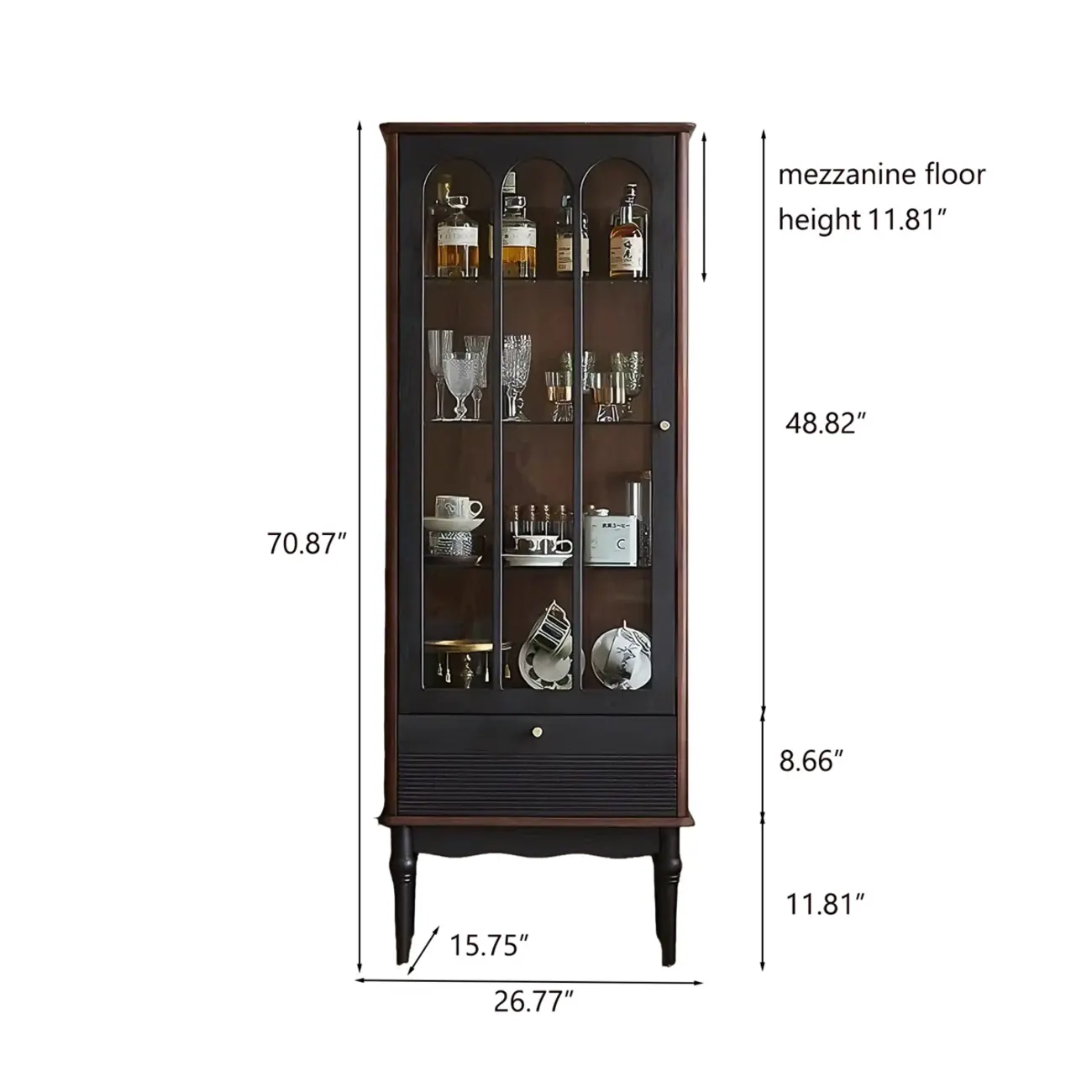French Vintage Arched Glass Wood Wine Cabinet #size