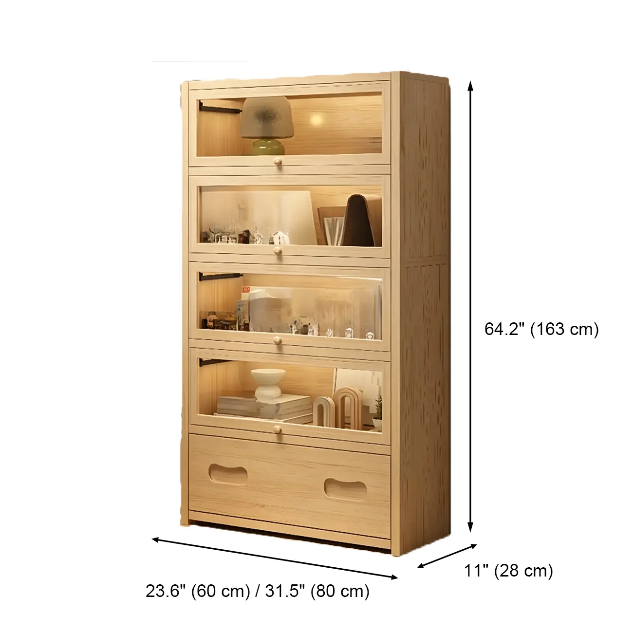 Natural Finish Flip-Top Wooden Bookcase with Acrylic Doors Image - 18