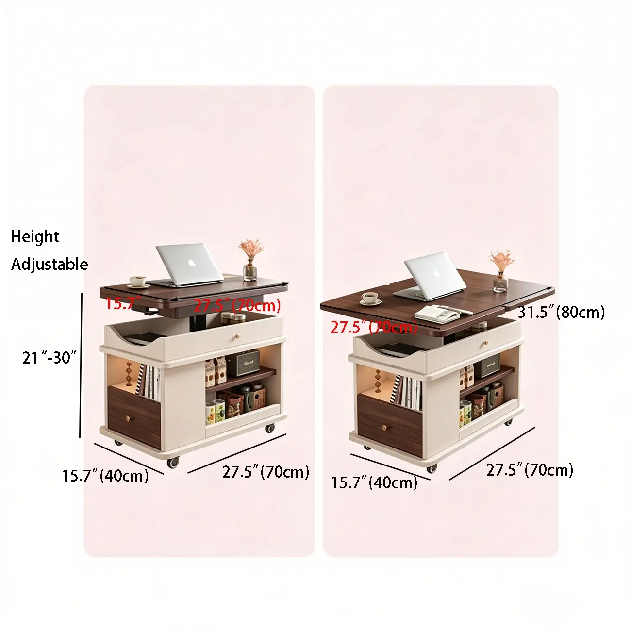 Adjustable Tabletop Modern Wood Side Table with Wheels #size