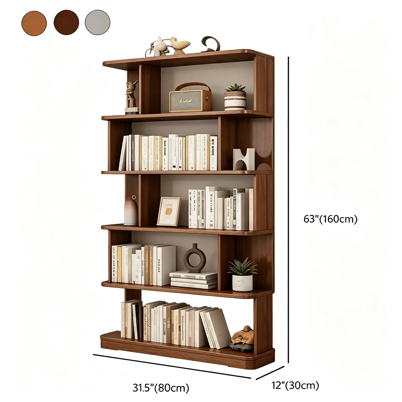 Mid-Century Vertical Walnut Wood Bookcase Open Back #size