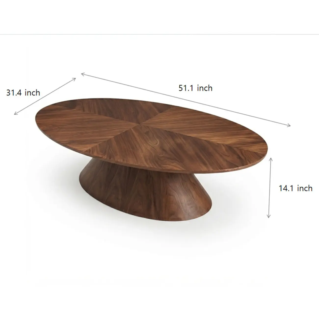 Mid Century Modern Oval Walnut Solid Wood Coffee Table #size