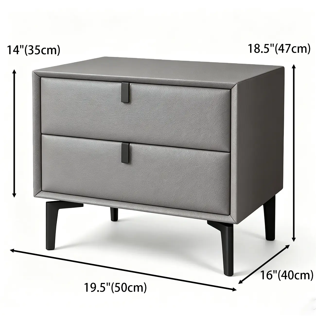 Modern Black Leather Bedside Table with Drawers #size