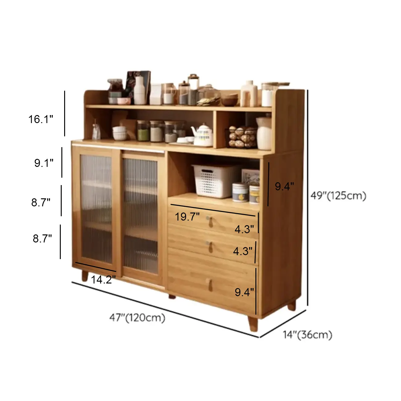 Modern Wood Sideboard with Sliding Doors & Drawers #size