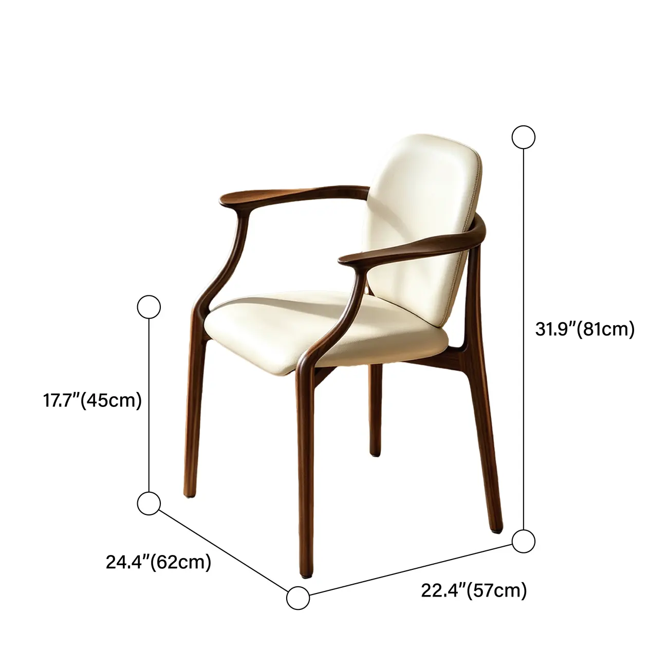 Modern Walnut Ash Wood Upholstered Dining Chair with Arms #size
