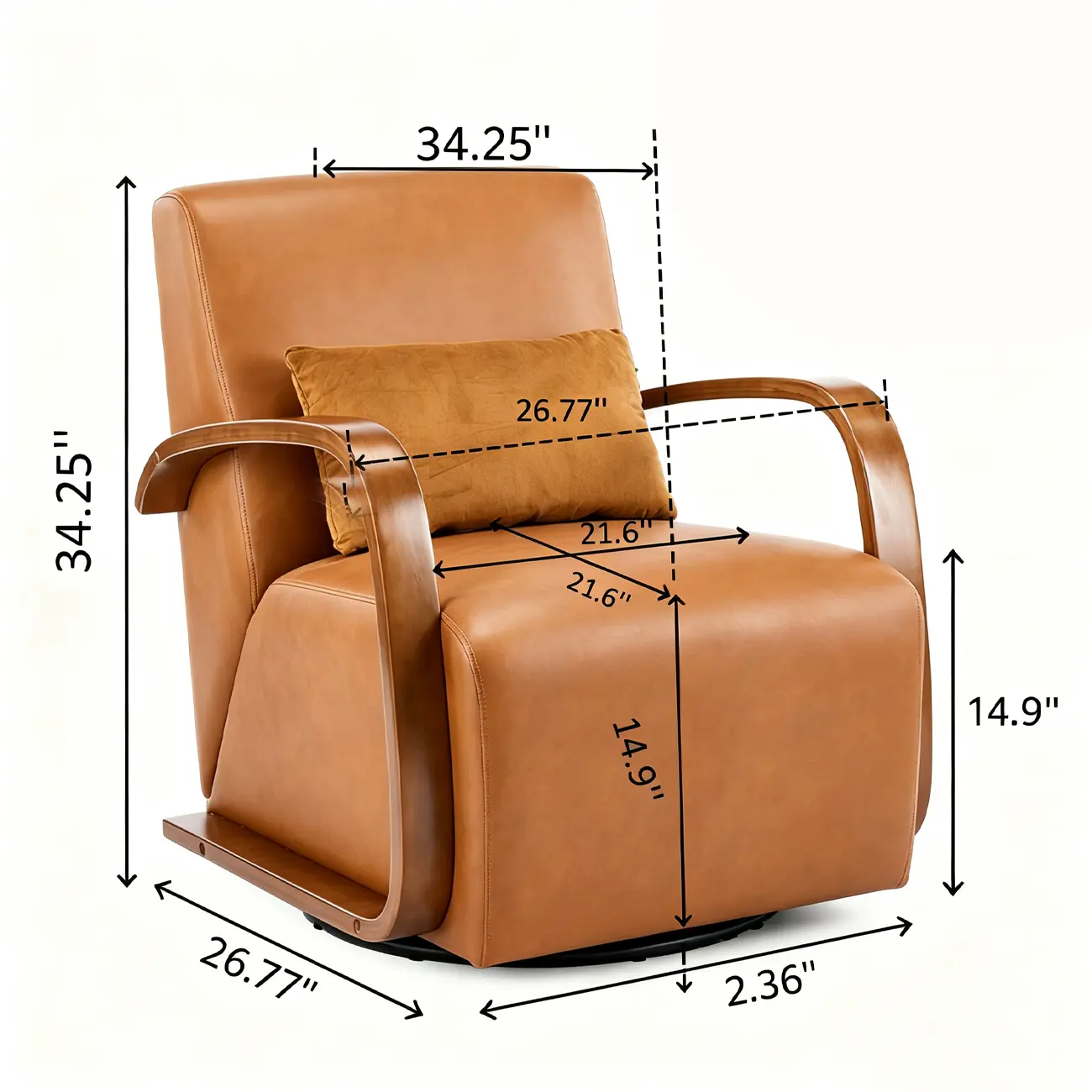 Vintage Brown Faux Leather Swivel Accent Chair with Curved Wood Arms Image - 16