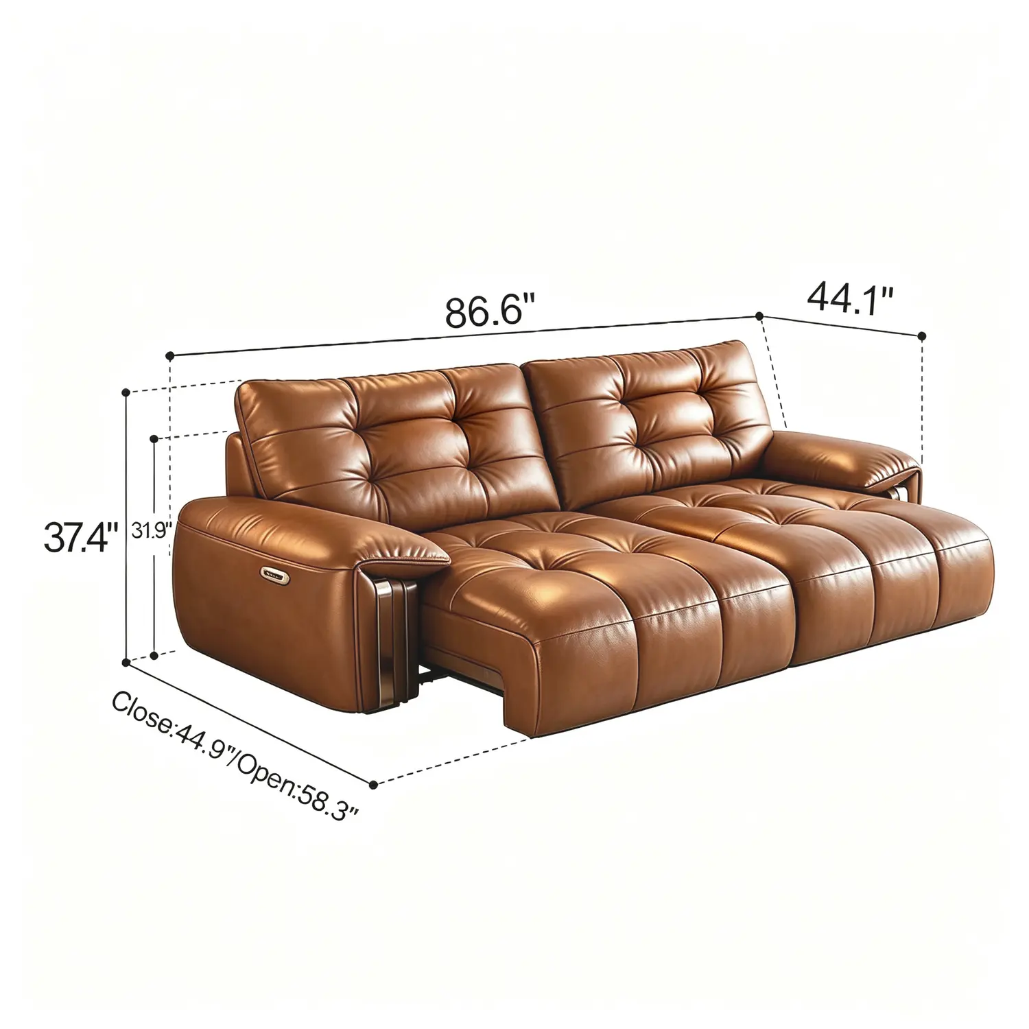 Mid-Century Modern Top-Grain Leather Tufted Power Pull-Out Sofa Bed Image - 32