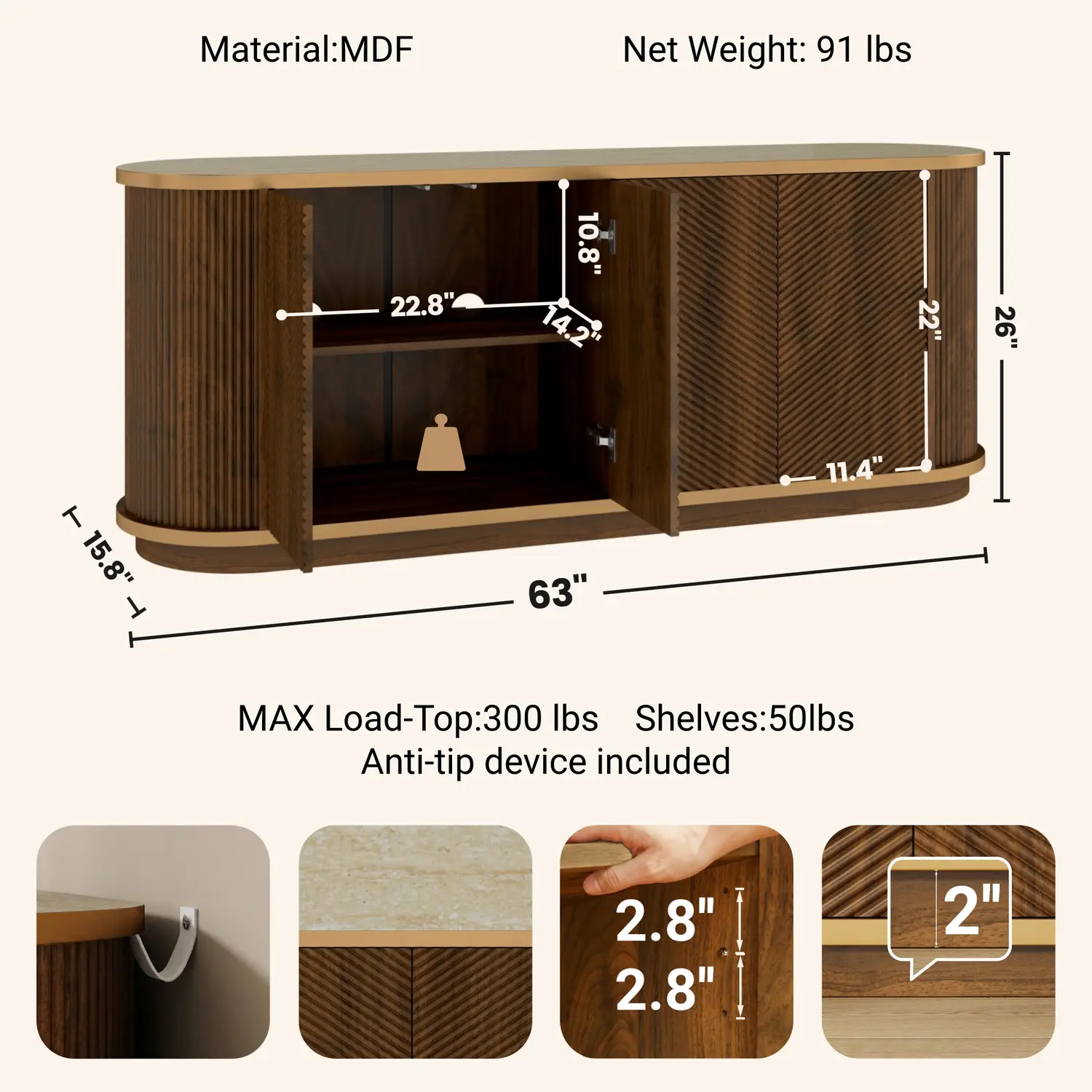 63" Mid-Century Modern 4-Door Sideboard Cabinet with Marble Top Image - 44