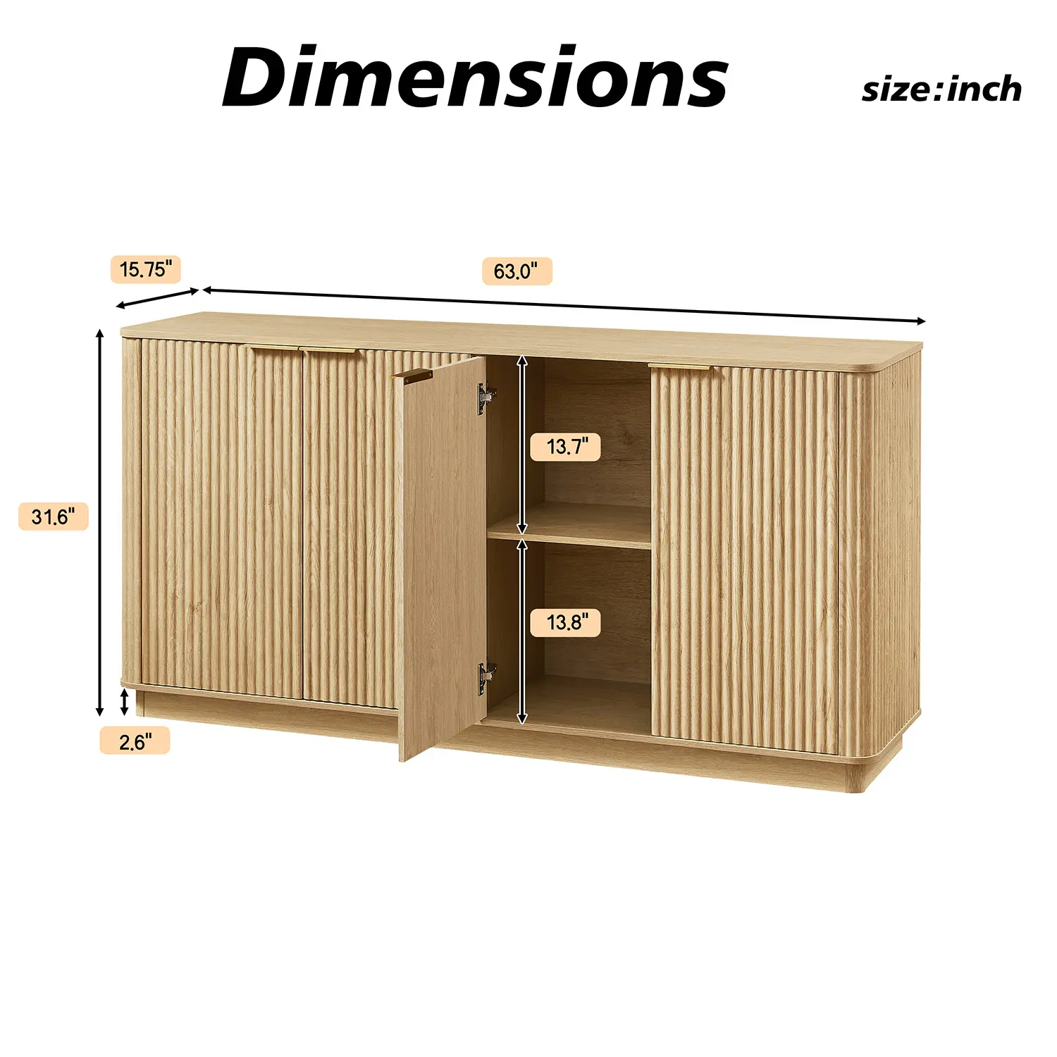 63" Mid-century Wooden Sideboard With Fluted Front Door Image - 20