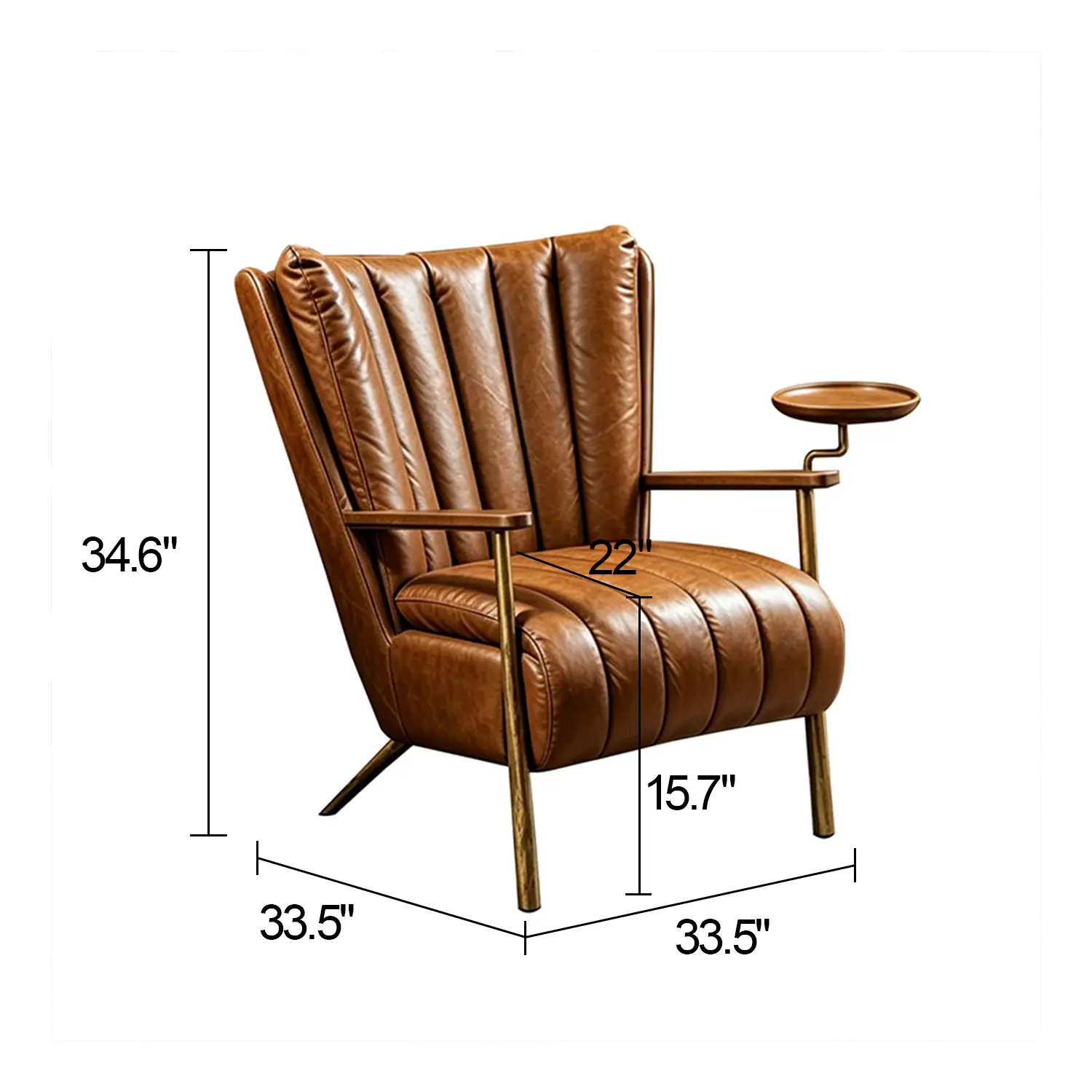 Vintage Brown Waxed Top-Grain Leather Accent Armchair with Side Tray Image - 15 #size