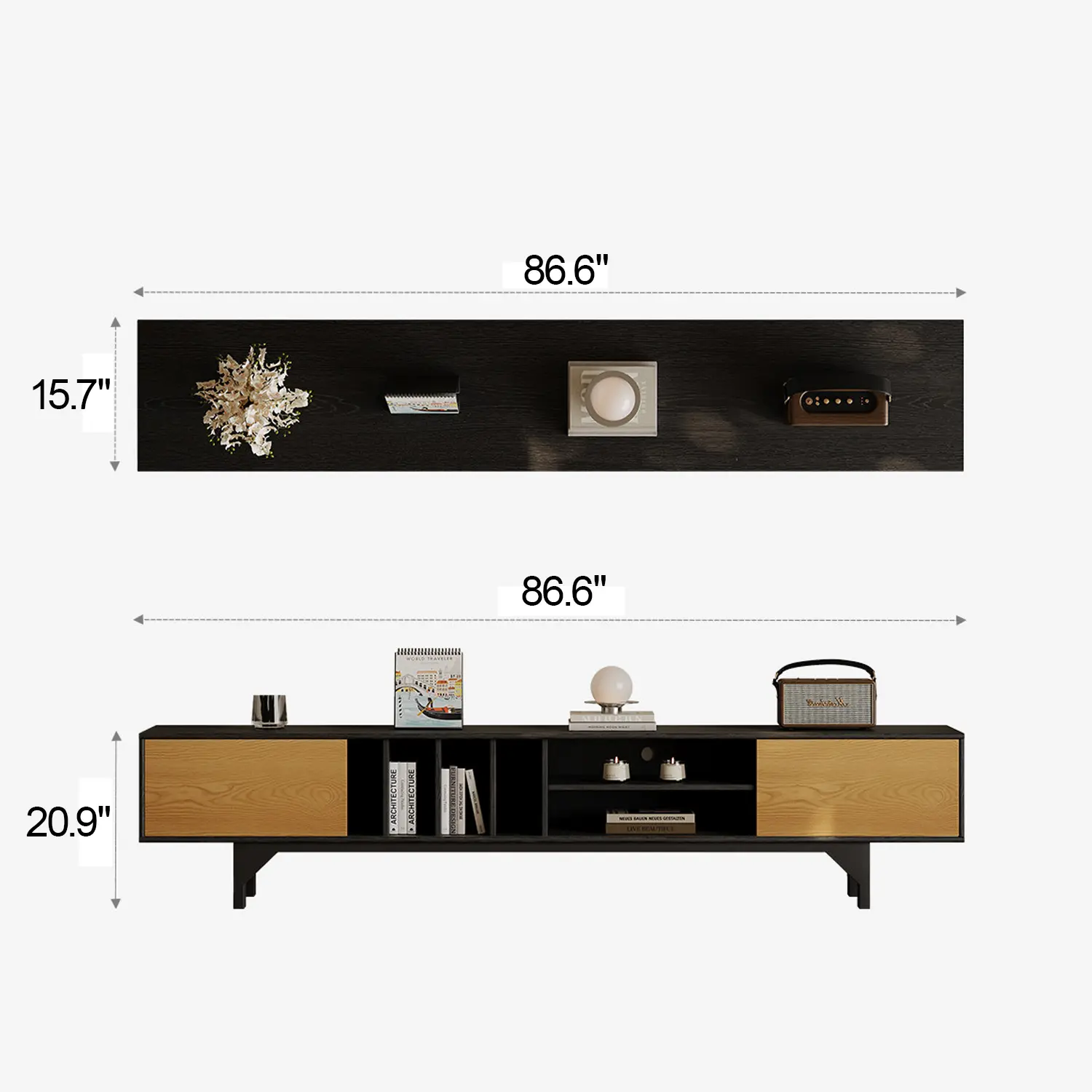 86.6" Modern Ash Wood Veneer TV Stand with Sliding Cabinet Doors Image - 11 #size