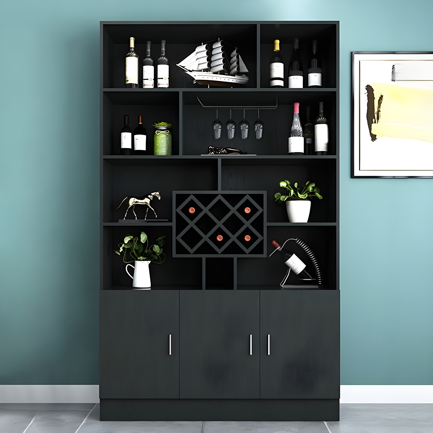 Black Modern Large Wooden Open Stackable Wine Cabinet | homeyfad