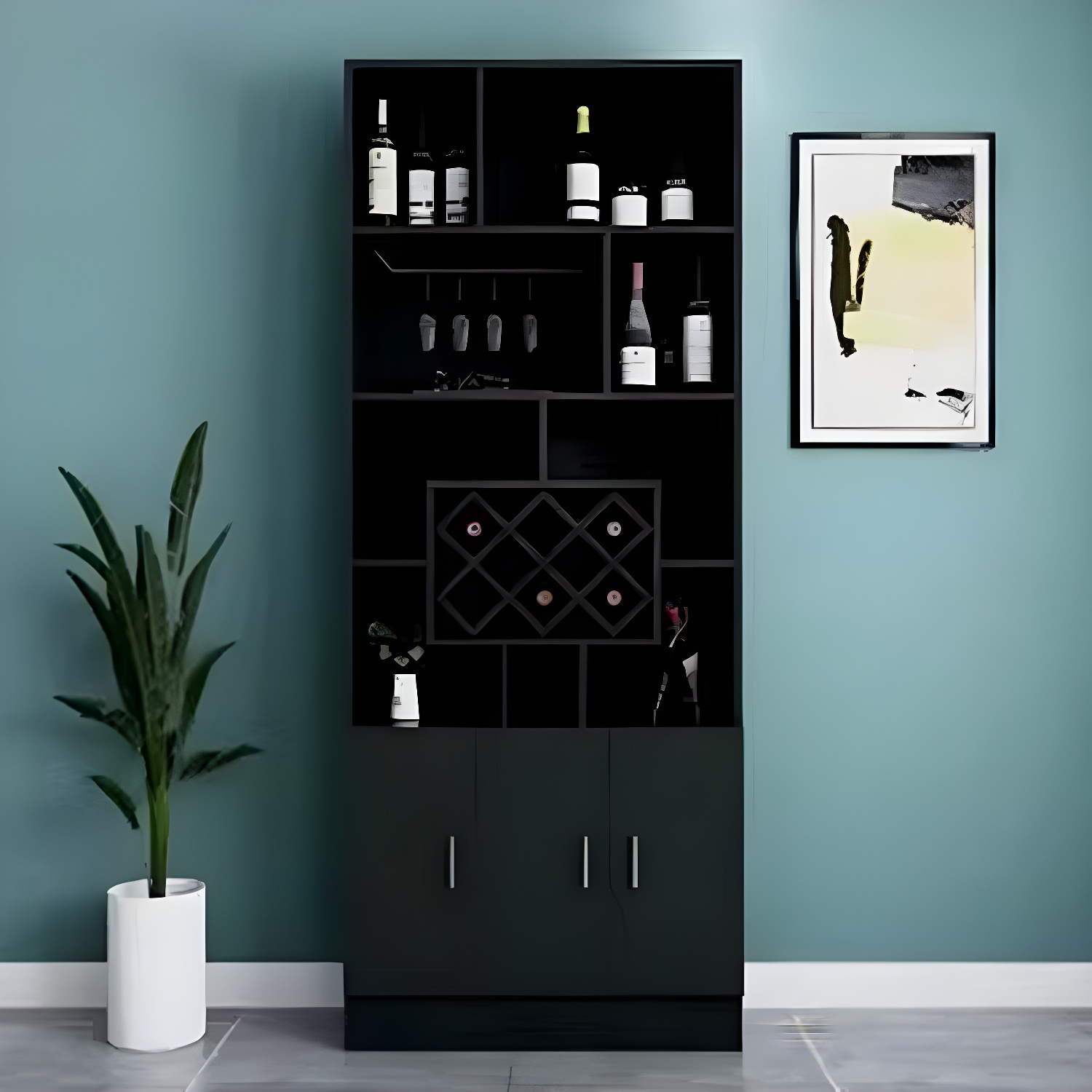 Black Modern Large Wooden Open Stackable Wine Cabinet | homeyfad